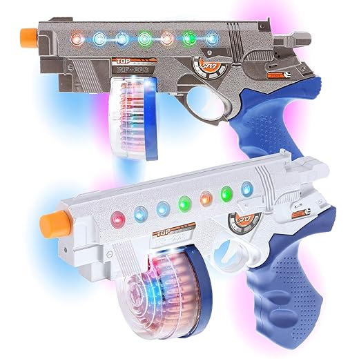 Mozlly Revolver Space Handgun Toy Set of 2 - Flashing LED Laser Guns for Kids with Sounds Effects, Realistic Blaster Gun Toy for Party Favors & Costume Dress Up Accessory Prop Pretend Play - 2 Pack