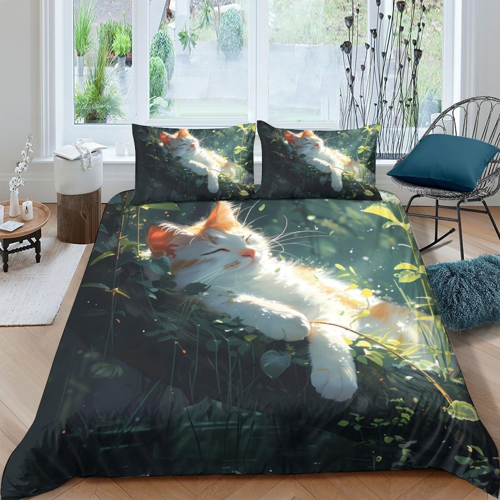 Ctjqhvkz Style-4 3D Printed Sunlit Cat Fitted Sheet Microfiber Soft Anti-Slip Forest Cat Mattress Cover Bedroom Dorm Decor Easy Care Single（135X200cm）