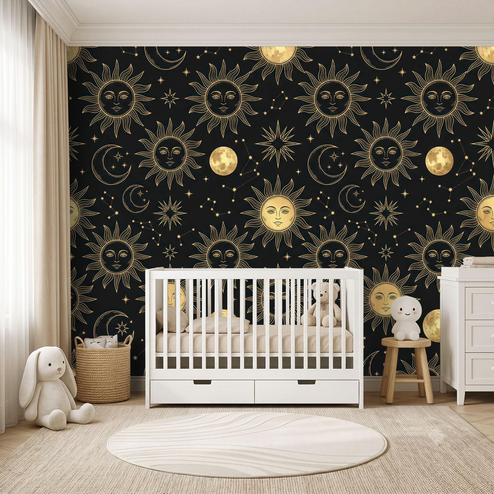 Natur Fantasie Wald Panorama Fototapete 400 x 280 cm, Sonne Mond Menschliches Gesicht Sternenmuster Sterne Vlies Tapete Wandtapete, Schwarz-Gold Wandbilder Tapete für Wohnzimmer Schlafzimmer Apartment