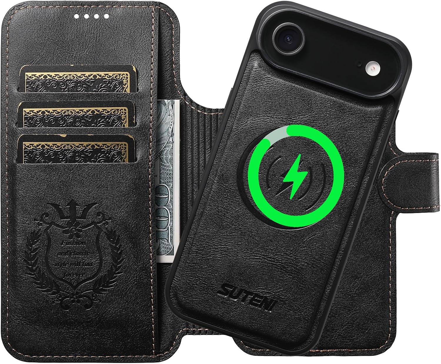 Leather Magnetic Wallet Case for iPhone 17 2in1 Detachable Cover Compatible with MagSafe & Wireless Charging, 3 Card Slots/Holder, Kickstand, 360° Military Shockproof Protection Premium Black