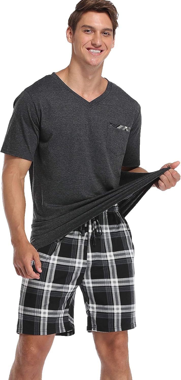 Vlazom Men's Pajama Sets Soft 2 Piece Pj's Set Short Sleeve Cotton Top and Plaid Pants for Loungewear Sleepwear with Pockets - Image 6
