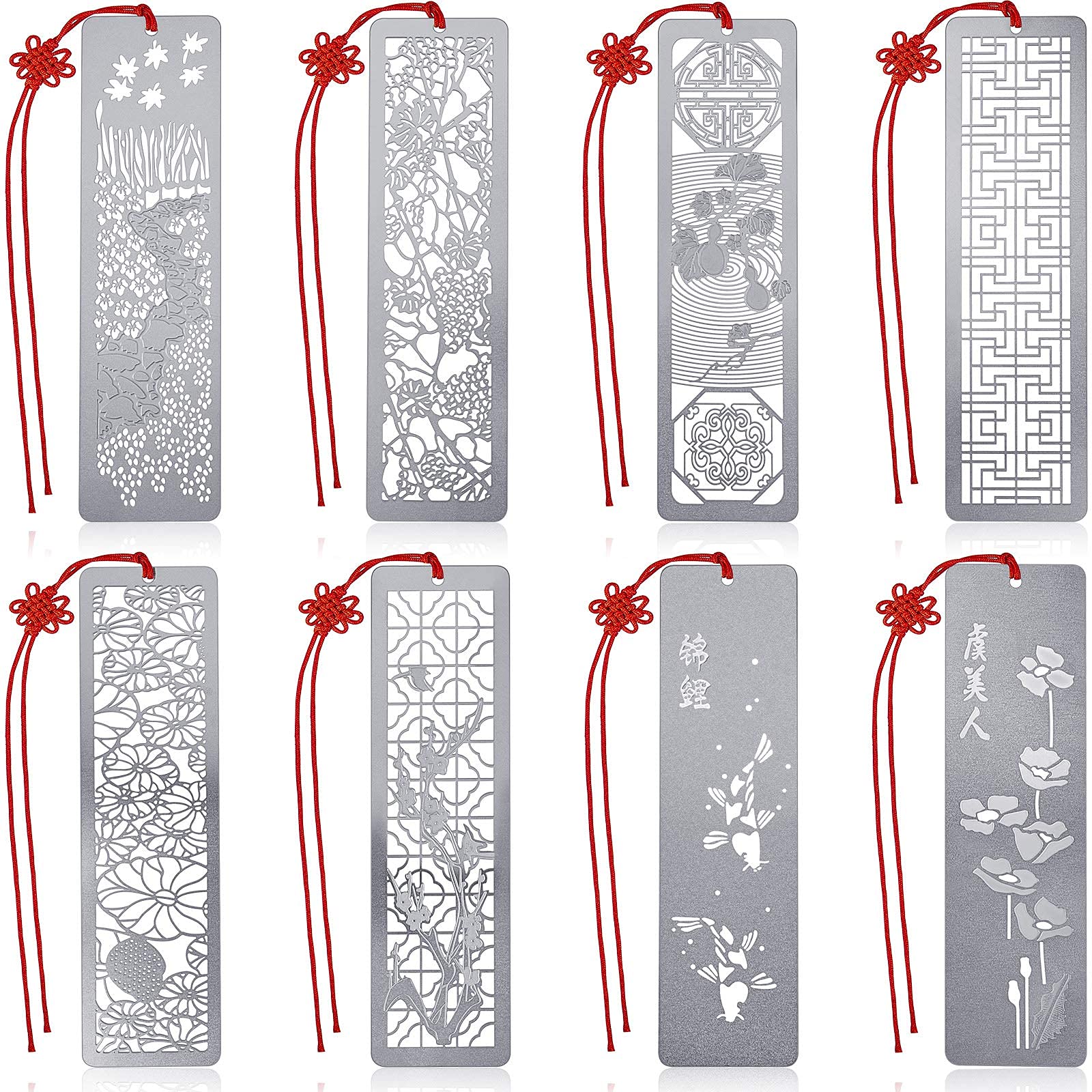 FDTY 8 Pieces Hollow Metal Bookmarks Stainless Steel Bookmarks with Red Knot Theme Series Bookmarks Set for Reading Book, 4.5 x 1.25 Inch