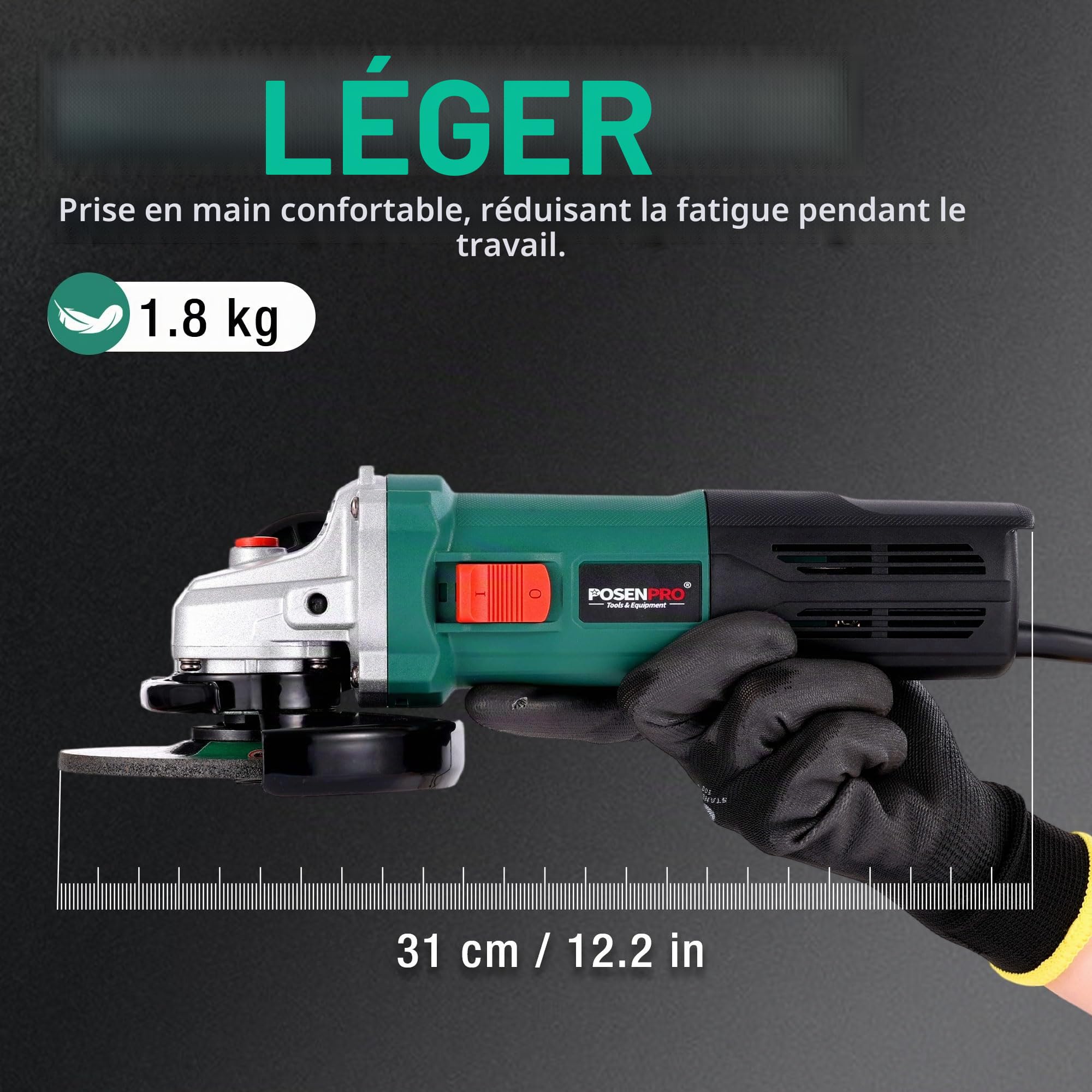 POSENPRO Meuleuse d'angle 1200W, Ø125mm, 3000-12.000 trs/min, capot à fixation rapide, Petite meuleuse pour couper, meuler et polir le métal, le bois, la céramique et la pierre, 1,8 kg Légère