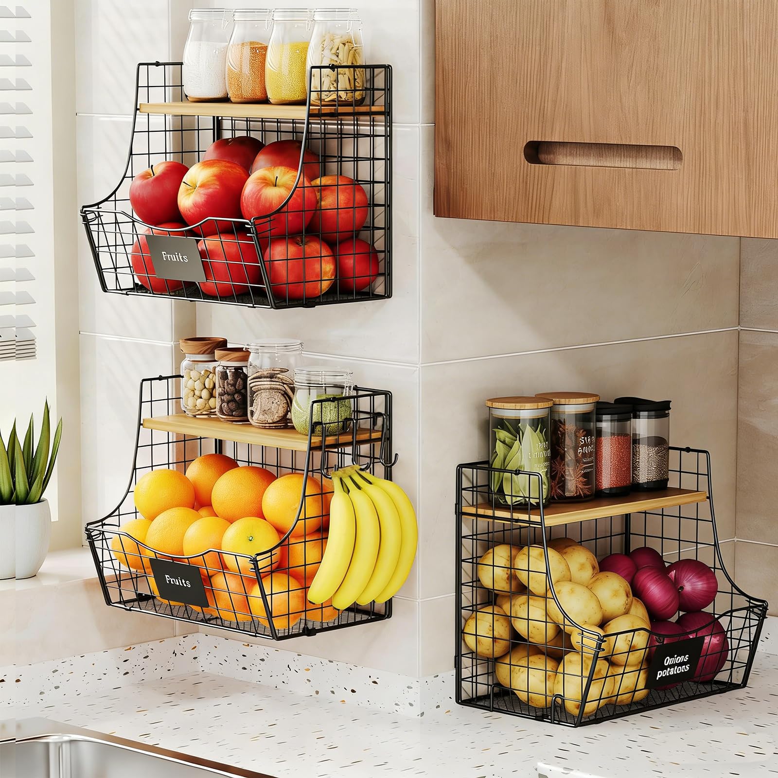 Kit generico di cassette impilabili Scaffale per verdure Con rotelle 3 cassette in legno Scaffale Contenitore per frutta Cassetta per patate Legno naturale Con istruzioni di montaggio