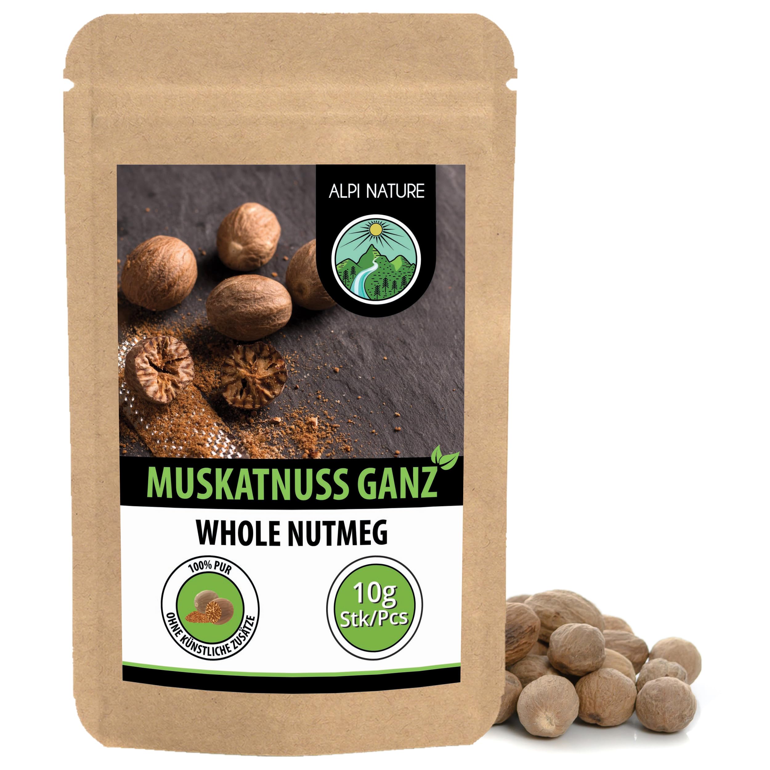 Alpi Nature Muskatnuss ganz 10 Stück, Muskatnüsse ganz, Nutmeg, Muskatnuss Gewürze zum Kochen und Backen