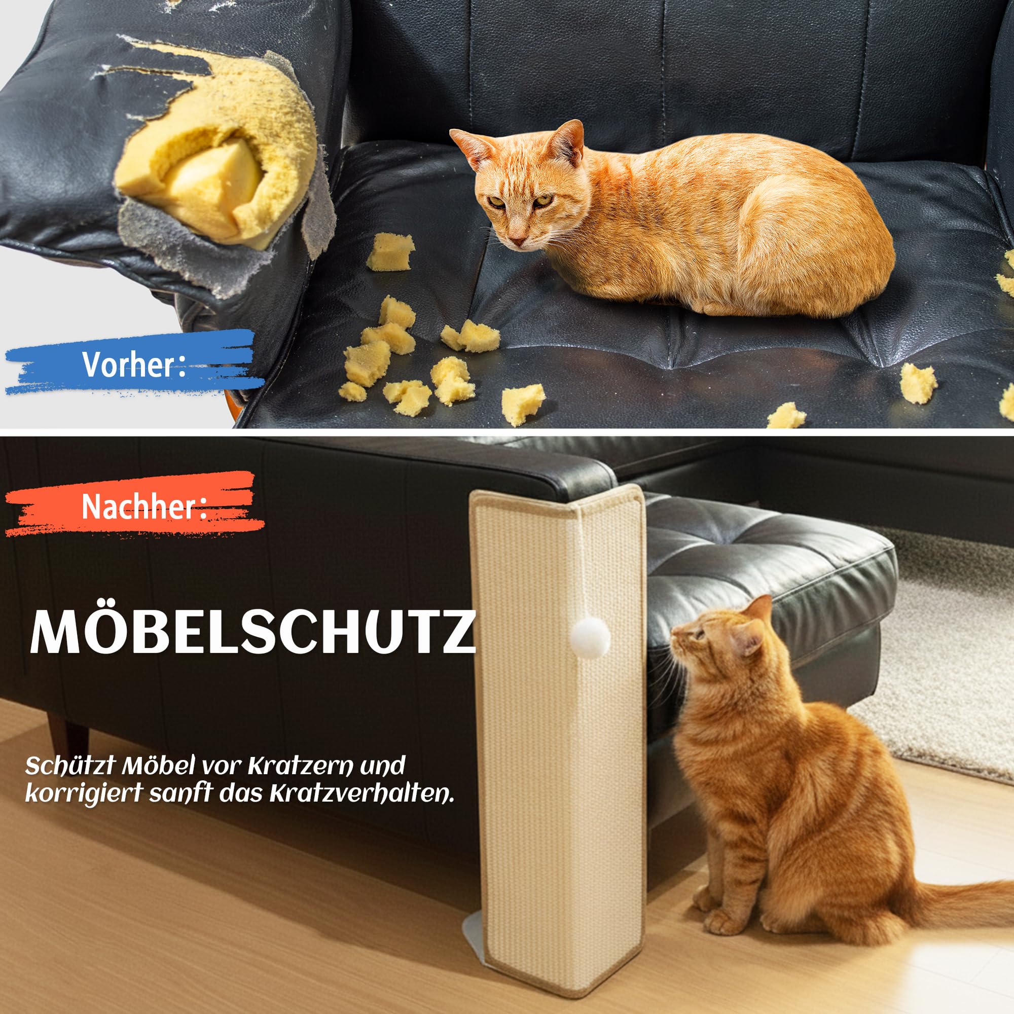 PETKARAY Sisal Kratzbrett Katze, 60 cm Sofaschutz mit Ballspielzeug