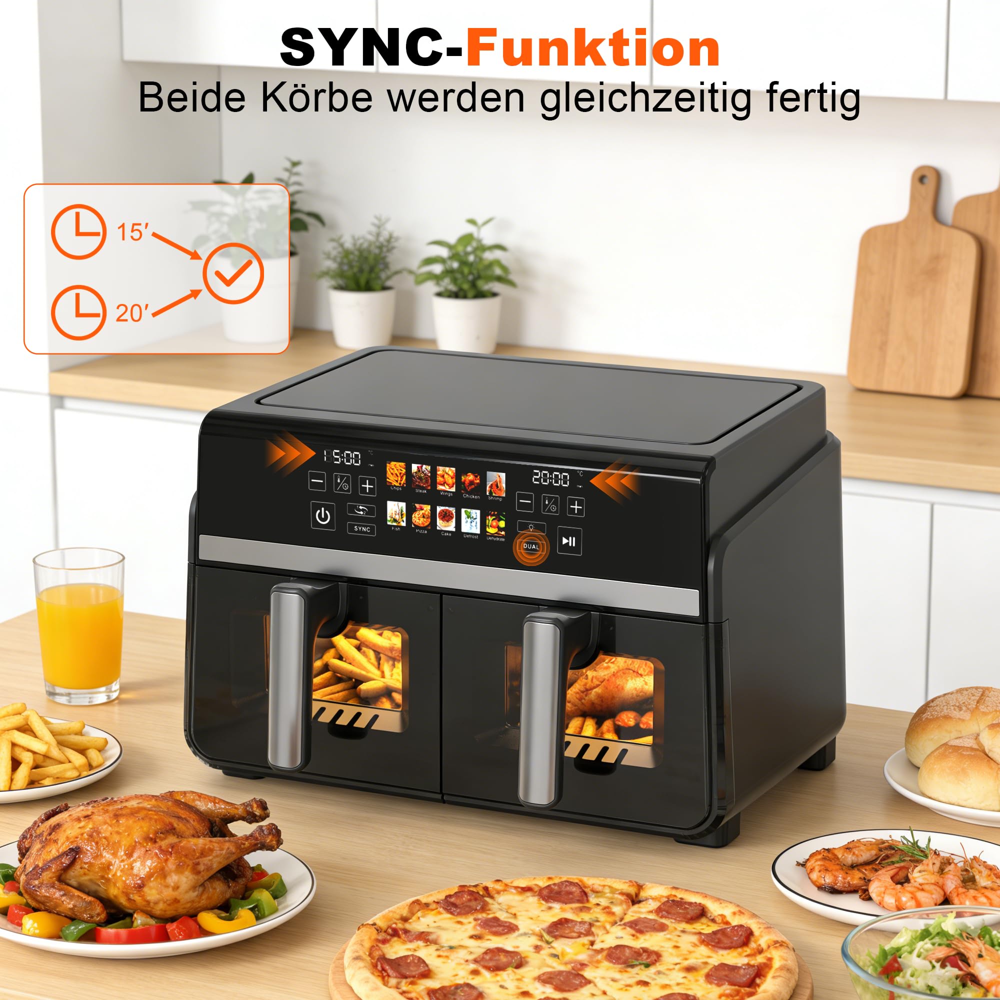 Citybee Heißluftfritteuse 2 Kammern XXL 10L (5L+5L) mit Sichtfenster, Dual Zone Airfryer Doppelkammer, 2 Garzonen, SYNC & DUAL, 2200W Touchscreen, Timer bis 24h, spülmaschinengeeignet