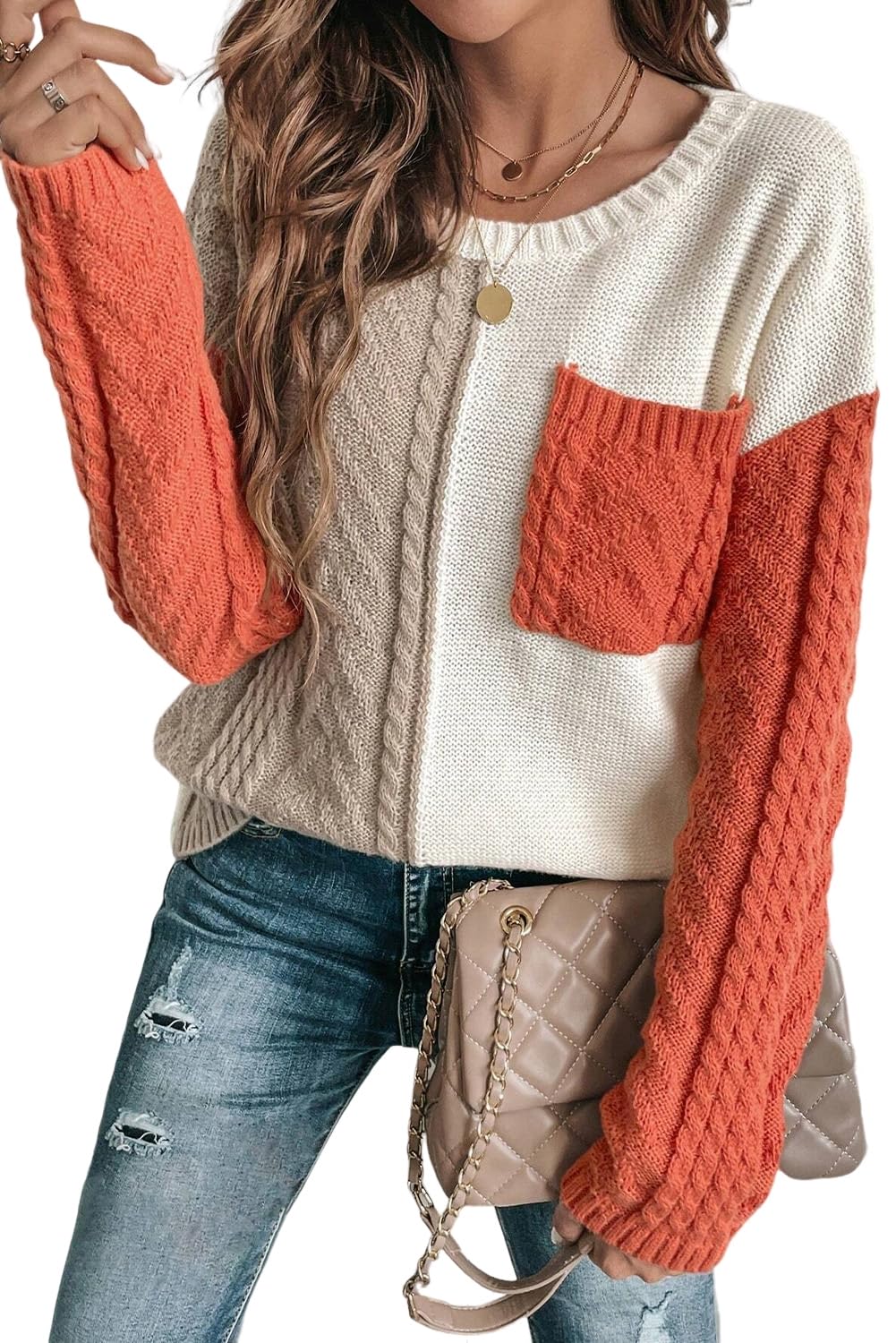 EARKOHA Womens Fall Sweater Gold Flame Colorblock Patched Pocket Drop Shoulder Sweater