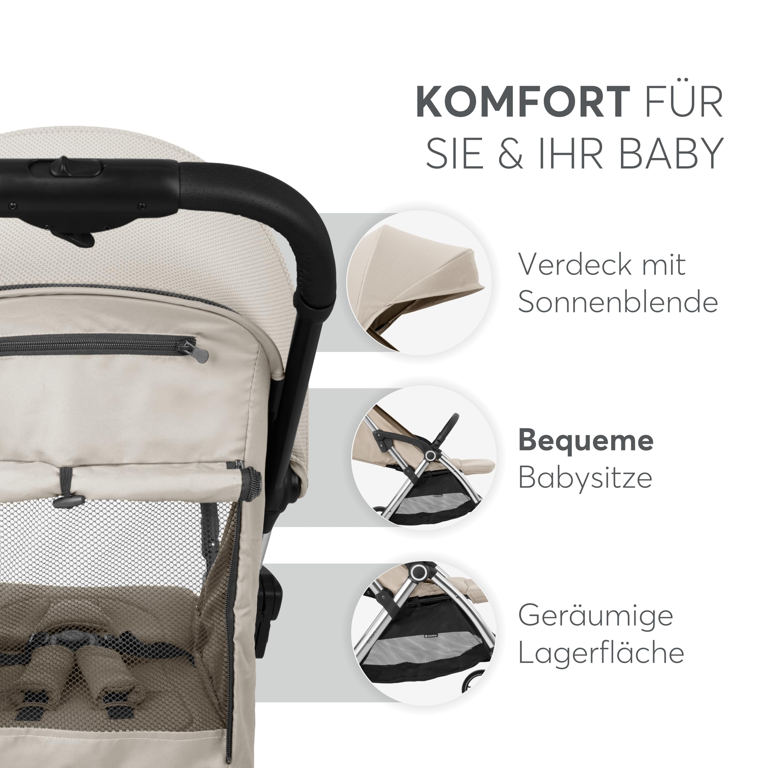 KikkaBoo Buggy EDEN Kinderwagen Reisebuggy, Bis 22 kg, Leicht 7,1 kg, Kompakt One-Hand-Faltbar, Inkl. Regenschutz, Beige