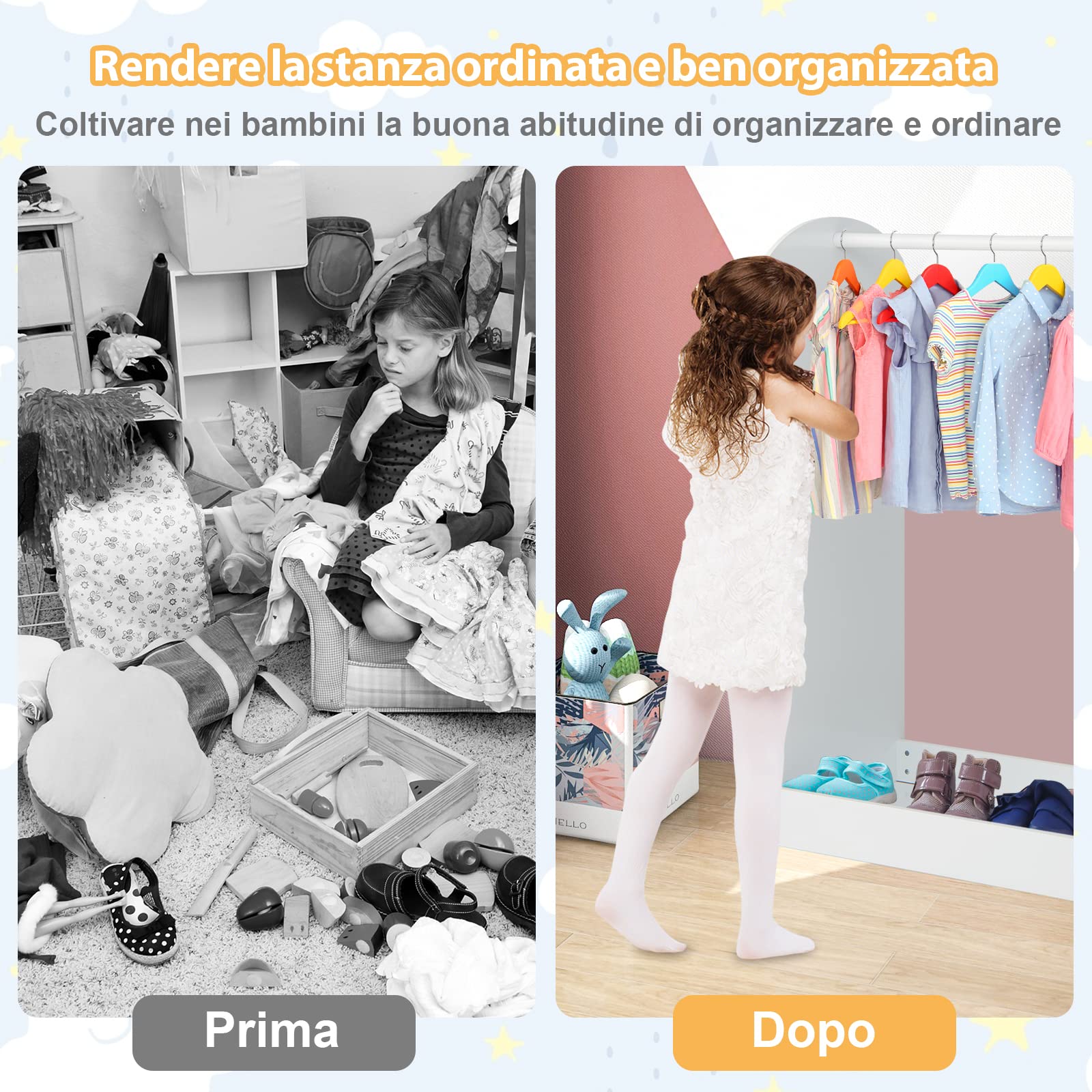 COSTWAY Guardaroba per Bambini in Legno, Mobile per Bambini con Specchio, Appendiabiti e Mensole, Armadio di Stoccaggio per Cameratta dei Bambini, 93,5 x 38 x 100 cm (Bianco)
