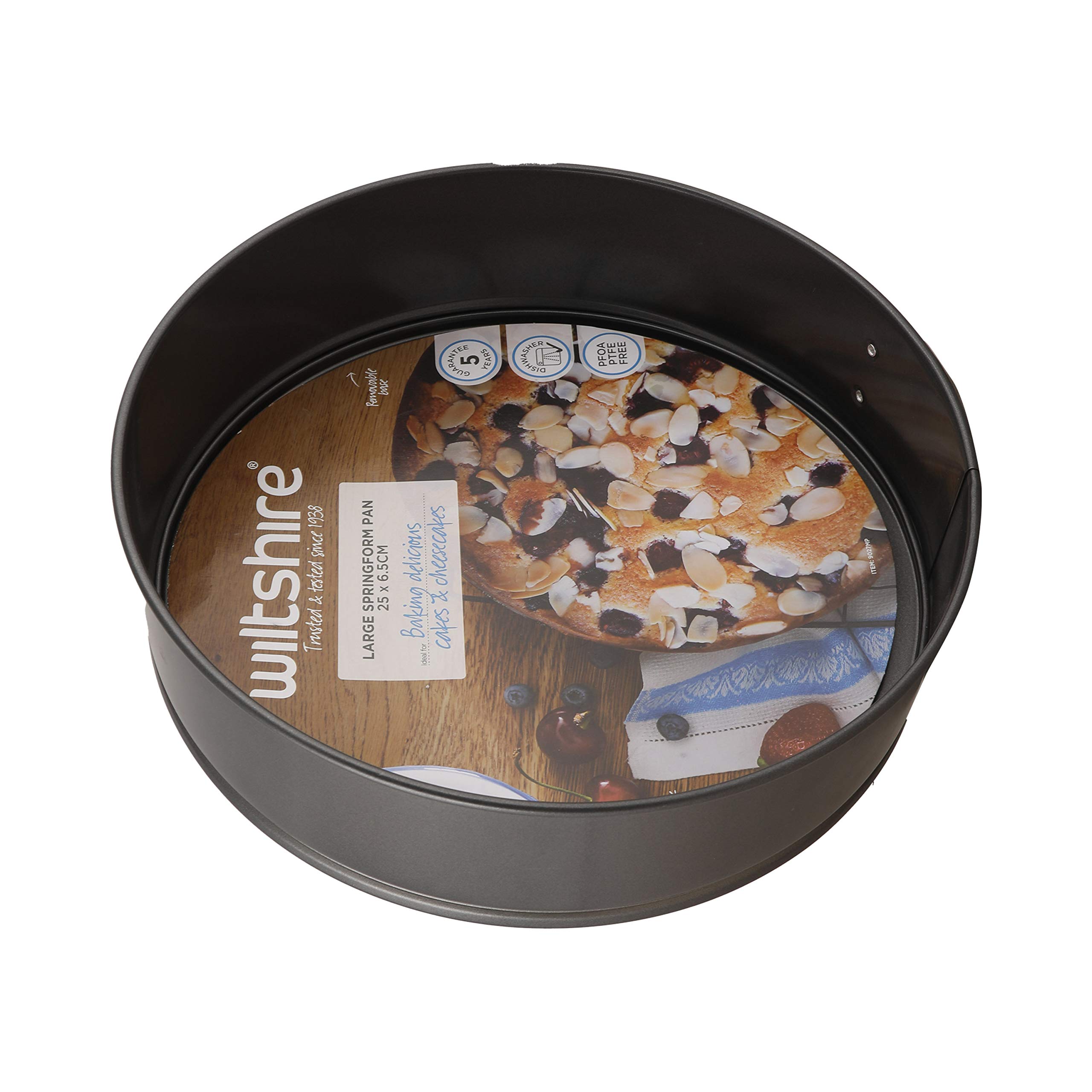 Wiltshire Easybake - Molde redondo grande desmontable para tartas, bandeja inferior extraíble, fácil liberación para hornear, antiadherente, sin PFAS, apto para lavavajillas, acero al carbono, fácil