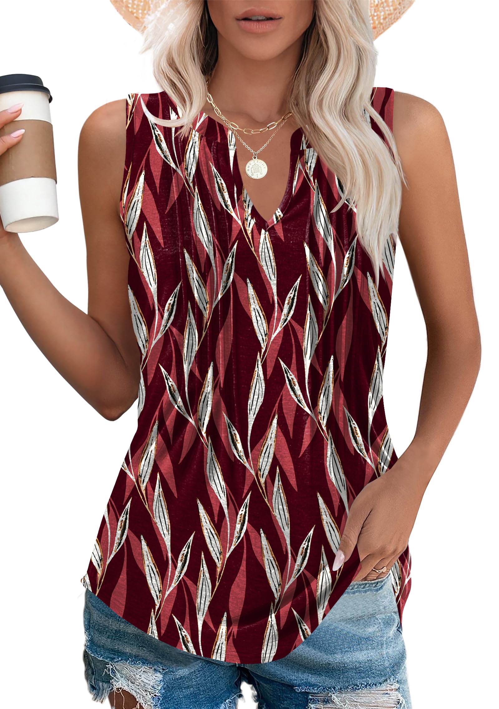 Micoson Womens Tank Tops Sleeveless V Neck Pleated Summer Blouses Loose Casual T Shirts