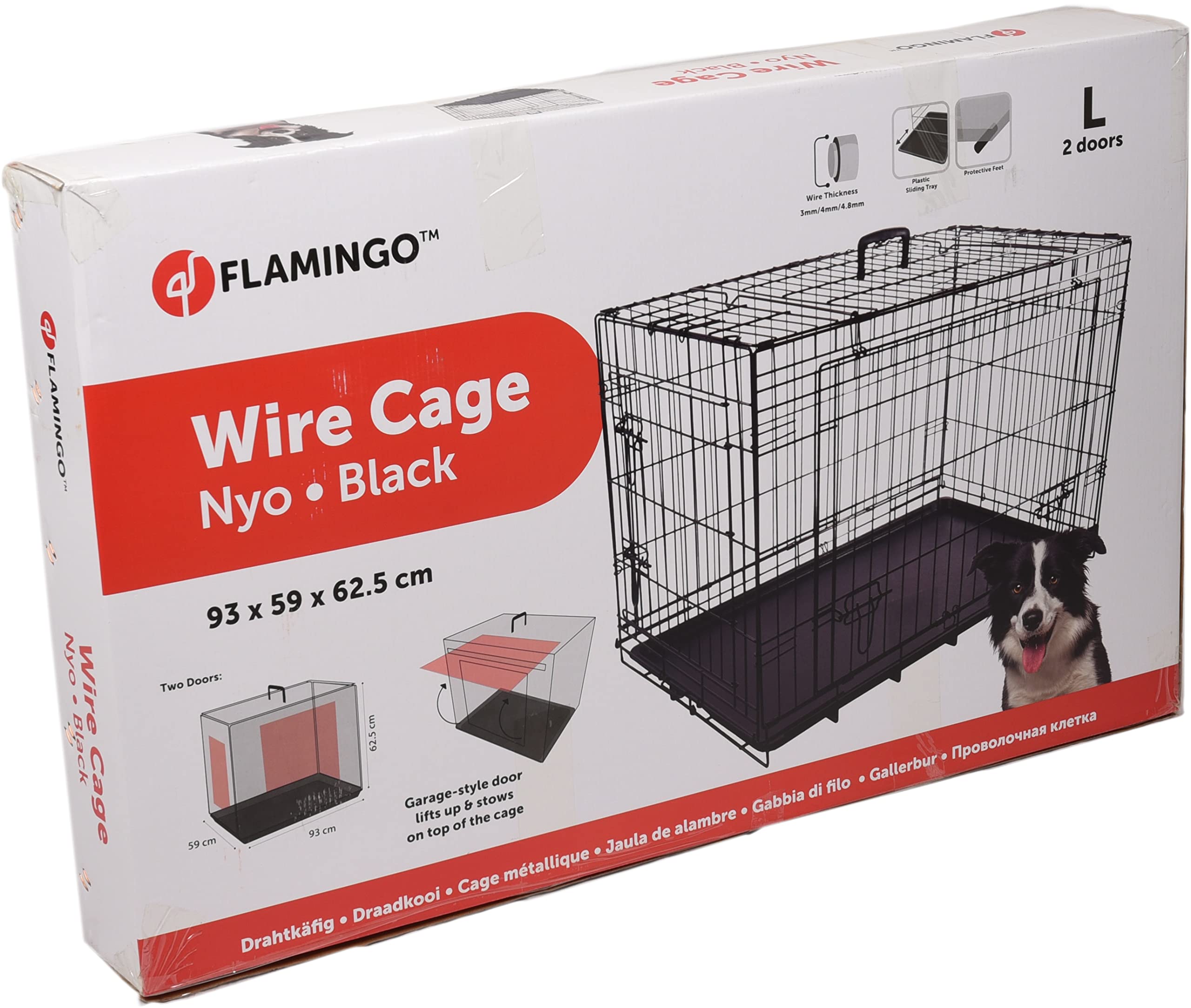 Flamingo Cage pour Chien Pliable - 2 Portes - Porte coulissante Unique - Plateau Amovible, 93 x 59 x 62.5 cm, Taille L, Noir