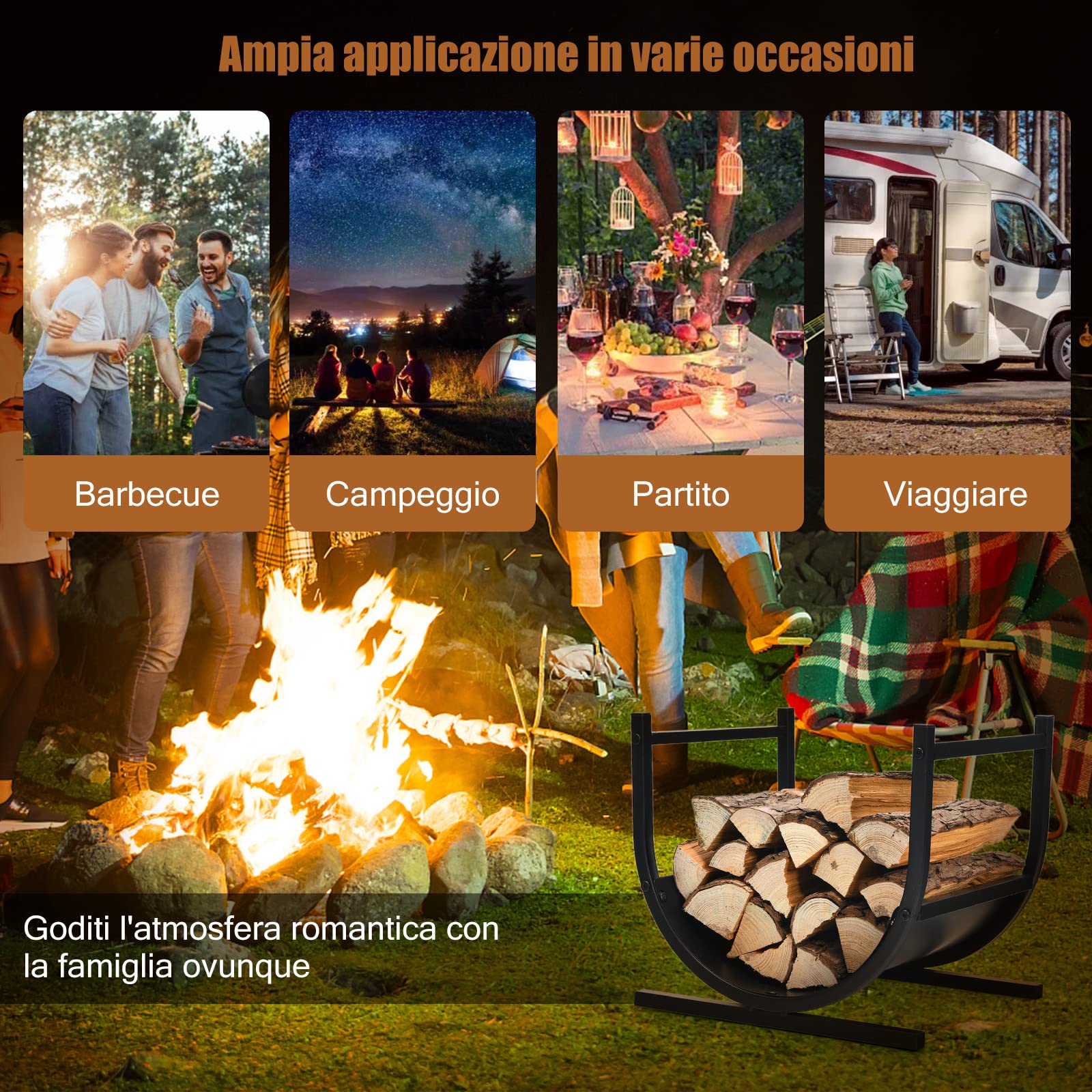 COSTWAY Porta Legna per Interni ed Esterni a Forma di U, Porta Legna per Camino in Acciaio con Base Stabile e Custodia di Trasporto, Portalegna da Ardere per Caminetto e Braciere (44 x 37 x 39,5 cm)