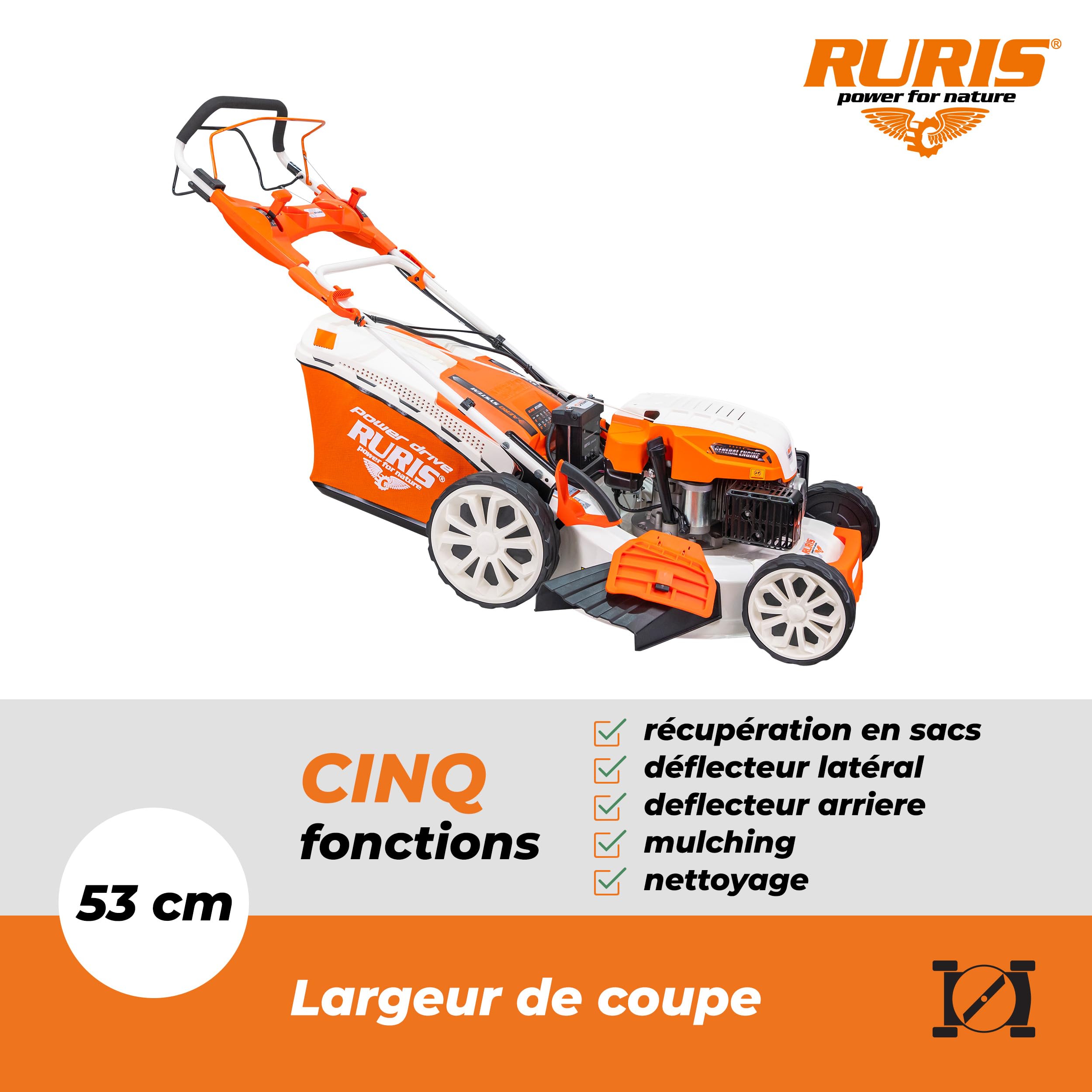 RURIS POWER FOR NATURE Tondeuse à Gazon Thermique 5 en 1 Mulching 5,7 CV 196cc RX500S, Orange | Démarrage électrique. Ramassage, Éjection Arrière et Latérale, Mulching, Nettoyage, Châssis en Acier