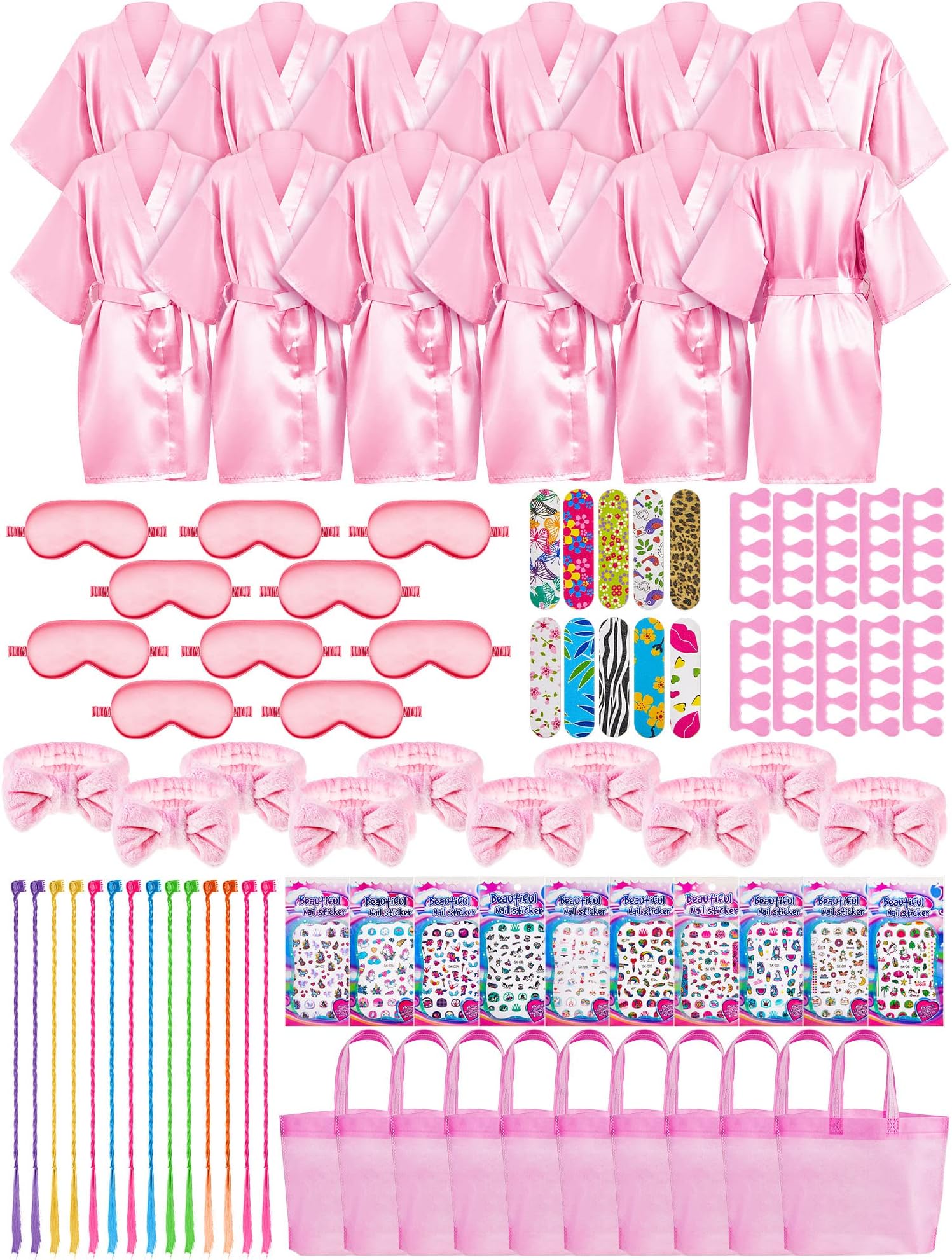 Xuhal 92 Pcs Spa Party Favors for Girls Slumber Party Supplies Kids Satin Robes Sleepover Party Supplies with Gift Bags for Girl Kids Birthday Party Supplies Gifts Total 10 Sets (Pink, 10)