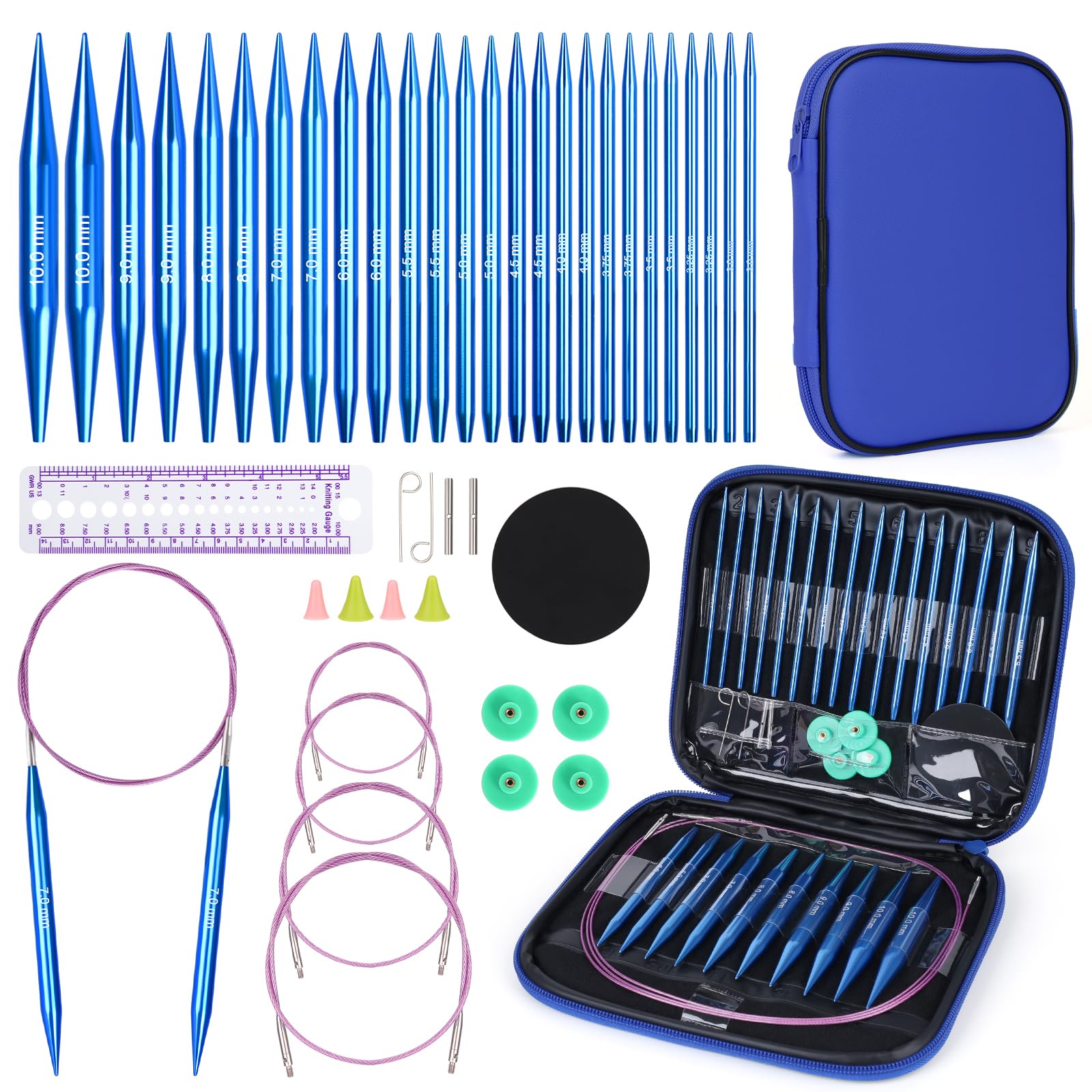 Aeelike Circular Knitting Needles, Interchangeable Circular Knitting Needles Set with Case & Accessories, 13 Pairs of Round Knitting Needles 3mm-10mm, Circular Knitting Kit for Beginners Adults, Blue