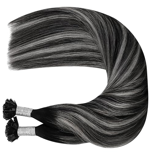 Miniatura 9 de Moresoo Extensiones de cabello con punta en U, extensiones de cabello humano negro degradado, extensiones de cabello humano negro balayage plateado
