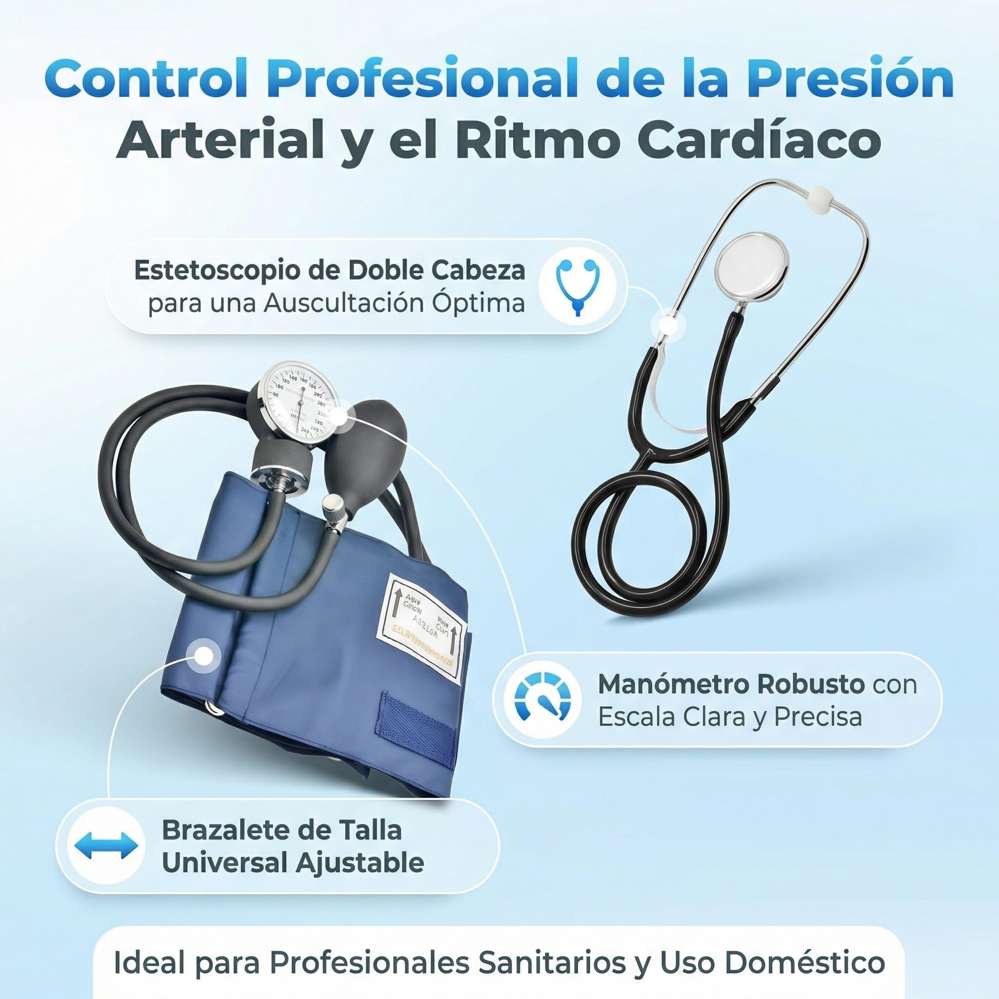 Tensiómetro de Brazo Manuales con Estetoscopio Doble Campana, Esfigmomanómetro Aneroide, Bolsa para Servicios de Socorro, Médico, Consultorio, Azul Negro