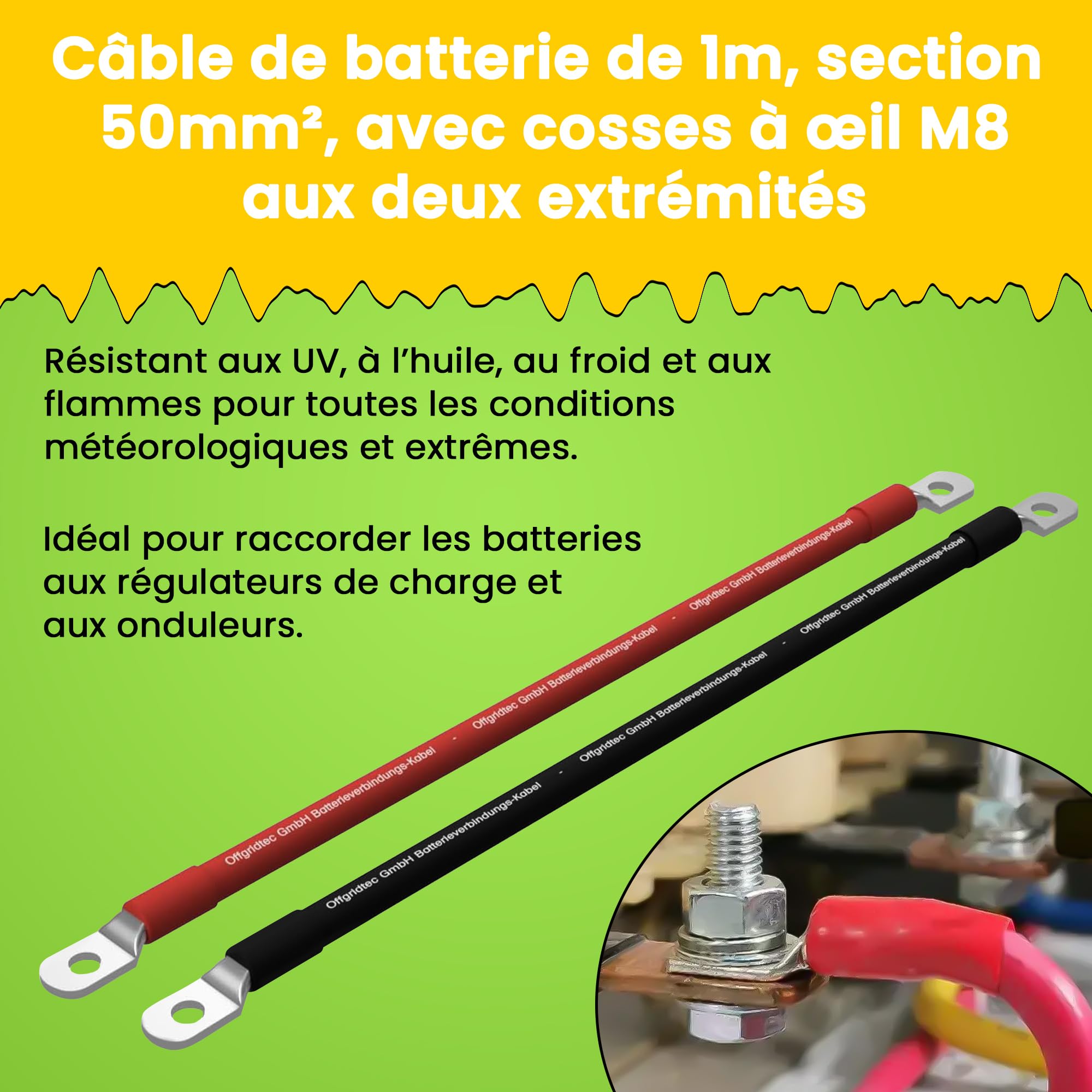 Offgridtec Câble De Batterie 1m 50 mm² Œillets M8 des Deux Côtés, Résistant À l'huile, Au Froid Et Aux UV, pour Appareils avec Borne À Vis M8, Idéal pour Les Contrôleurs De Charge, Rouge/Noir