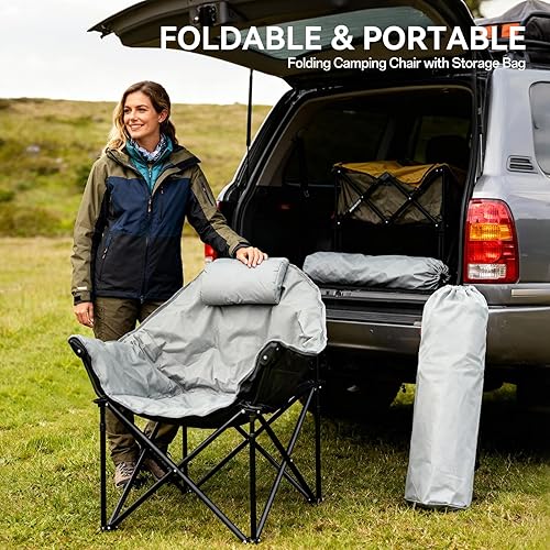 Miniatura 8 de Sillas de campamento con calefacción de gran tamaño, 3 niveles de calefacción para respaldo y asiento, silla de camping portátil y plegable con