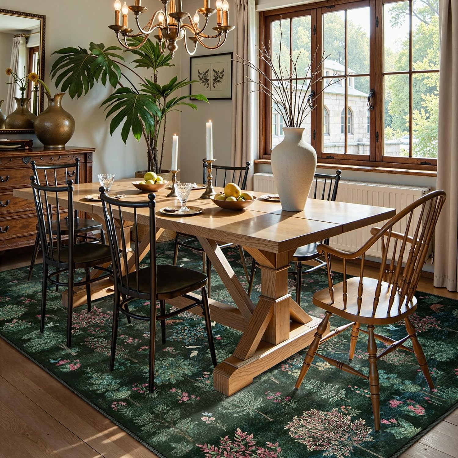 Wonnitar Forest Dark Green Rug for Living Room, Washable 5x7 Area Rugs Ultra-Thin, Boho Soft Non Slip Stain Resistant Woodland Jungle Carpet for Bedroom, Dining Room, Office