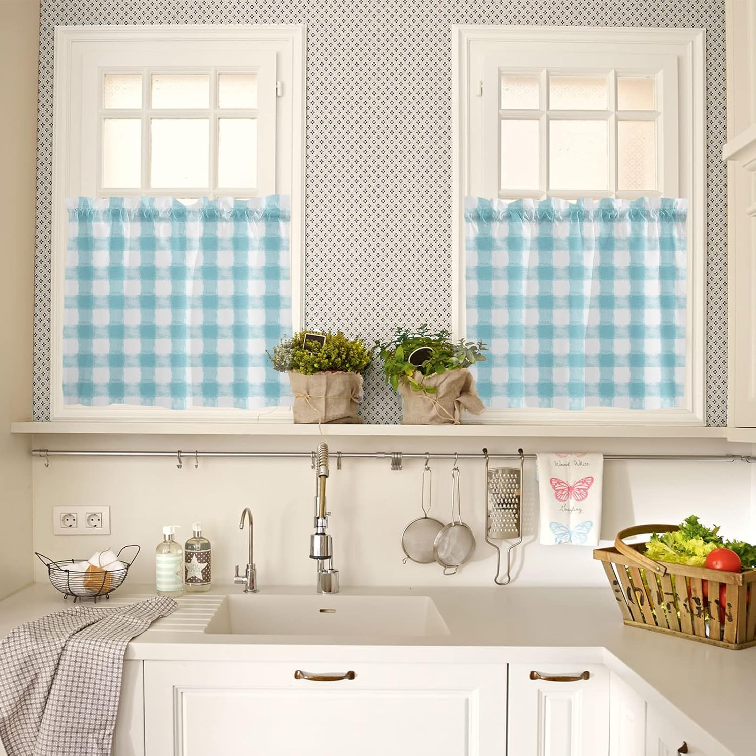 ALAGEO Kitchen Curtain Valance and Tiers Set Buffalo Check Watercolor Rod Pocket Kitchen Tier Curtains Valance Set 3 Piece Aqua White Plaid Farmhouse Window Curtain Valance Tier Set 54 in x 24 in