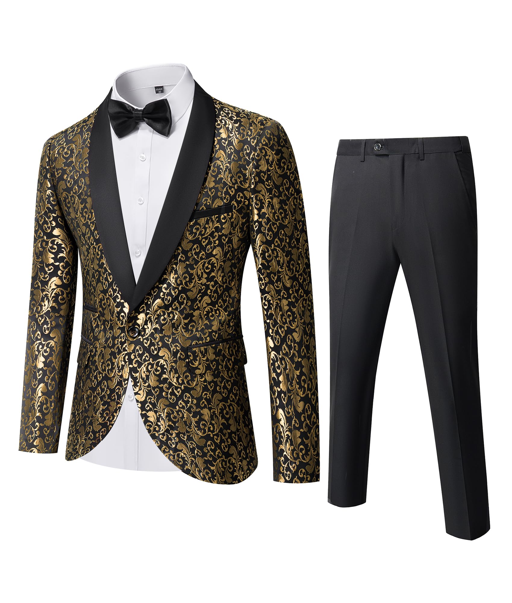 YNDMen's 2 Piece Slim Fit Suit Set, One Button Shawl Lapel Floral Pattern Party Blazer, Jacket Pants with Bow TieGlobal Recycled StandardGlobal Recycled StandardGlobal Recycled Standard