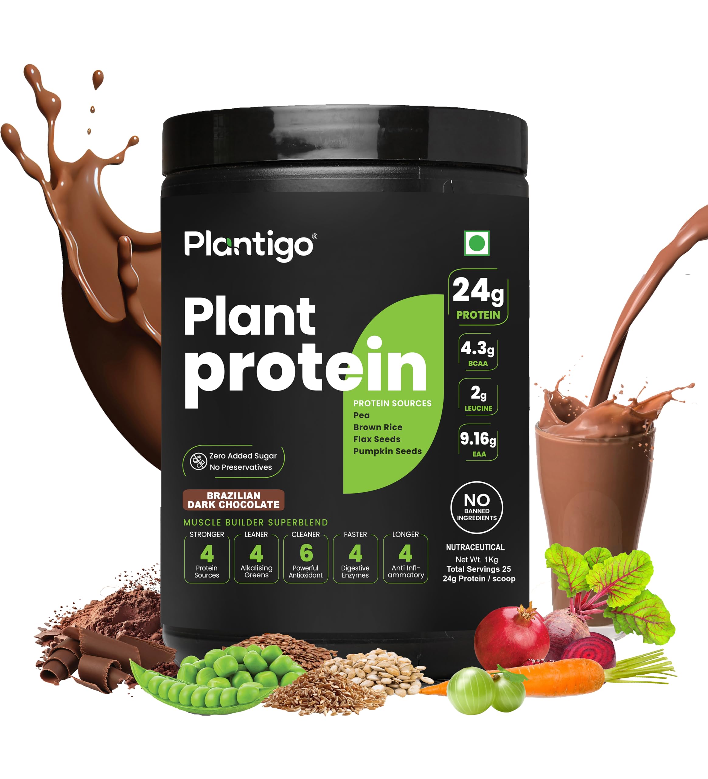Plantigo Clean Plant Protein Powder | No Preservatives, No Banned Substances |Super Protein Blend- Pea, Brown Rice, Flax, Pumpkin 21SuperFoods Vegan Protein For Men, Women (Brazilian Chocolate - 1 Kg)