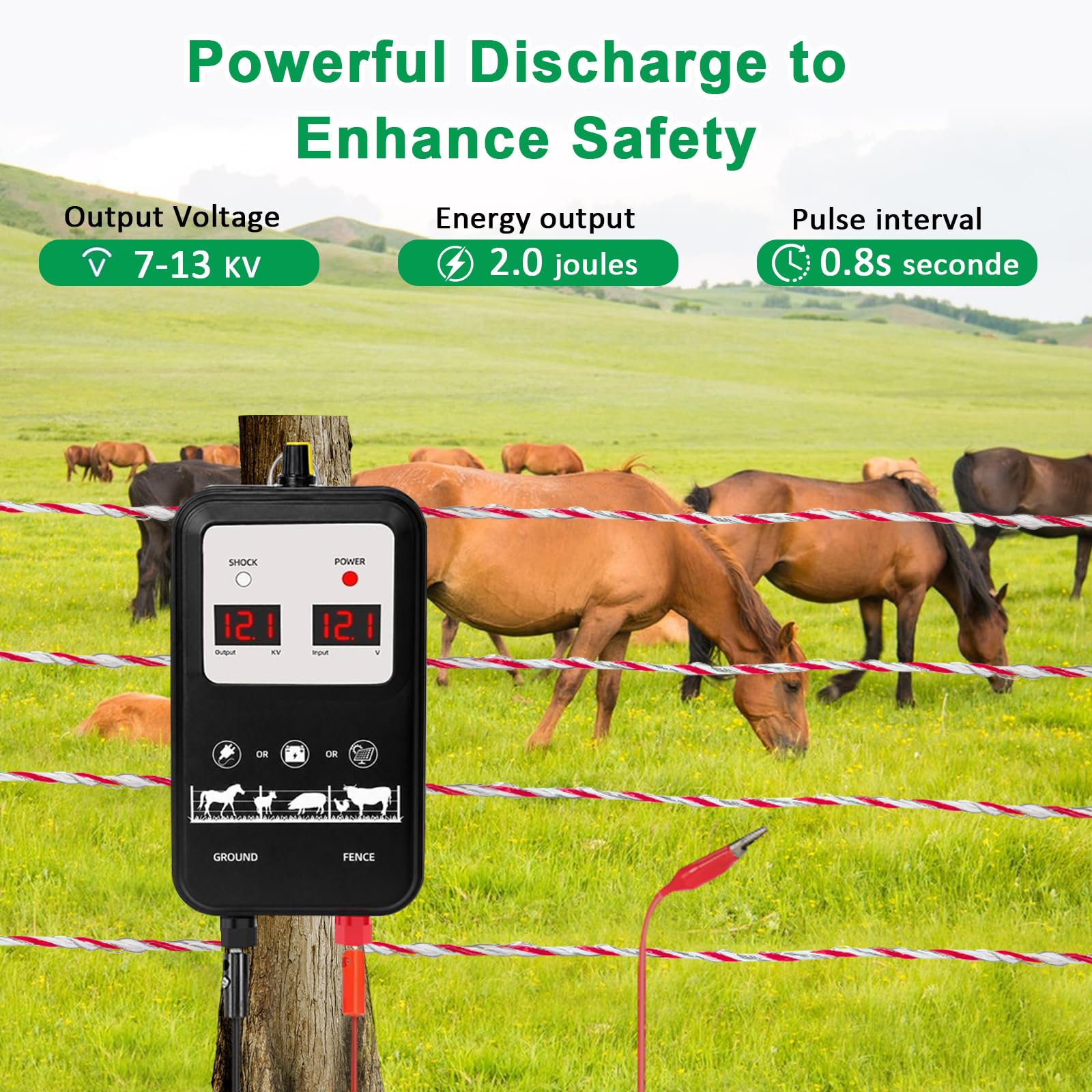 15KM Electrificador de valla eléctrica con carcasa impermeable, kit de valla con aisladores anulares y alambre de valla, tensión de salida ajustable 12 kV – 13,5 kV, para protección de animales