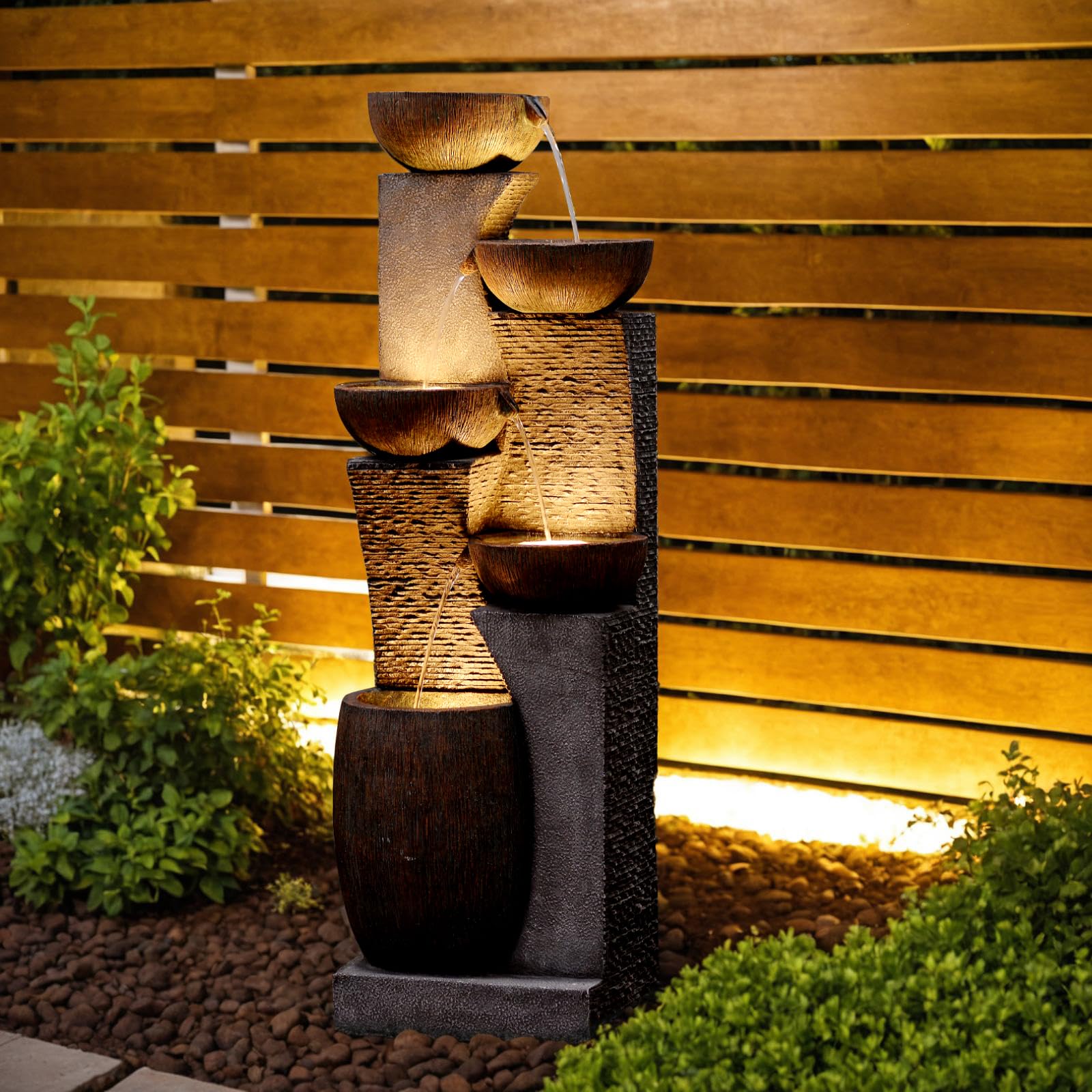 Bumilgar 130cm Großer Gartenbrunnen Springbrunnen für Außen mit LED Beleuchtung, 5-stufiger Wasserspiel Wasserfall Brunnen für Garten,Balkon,Terrasse,Grau