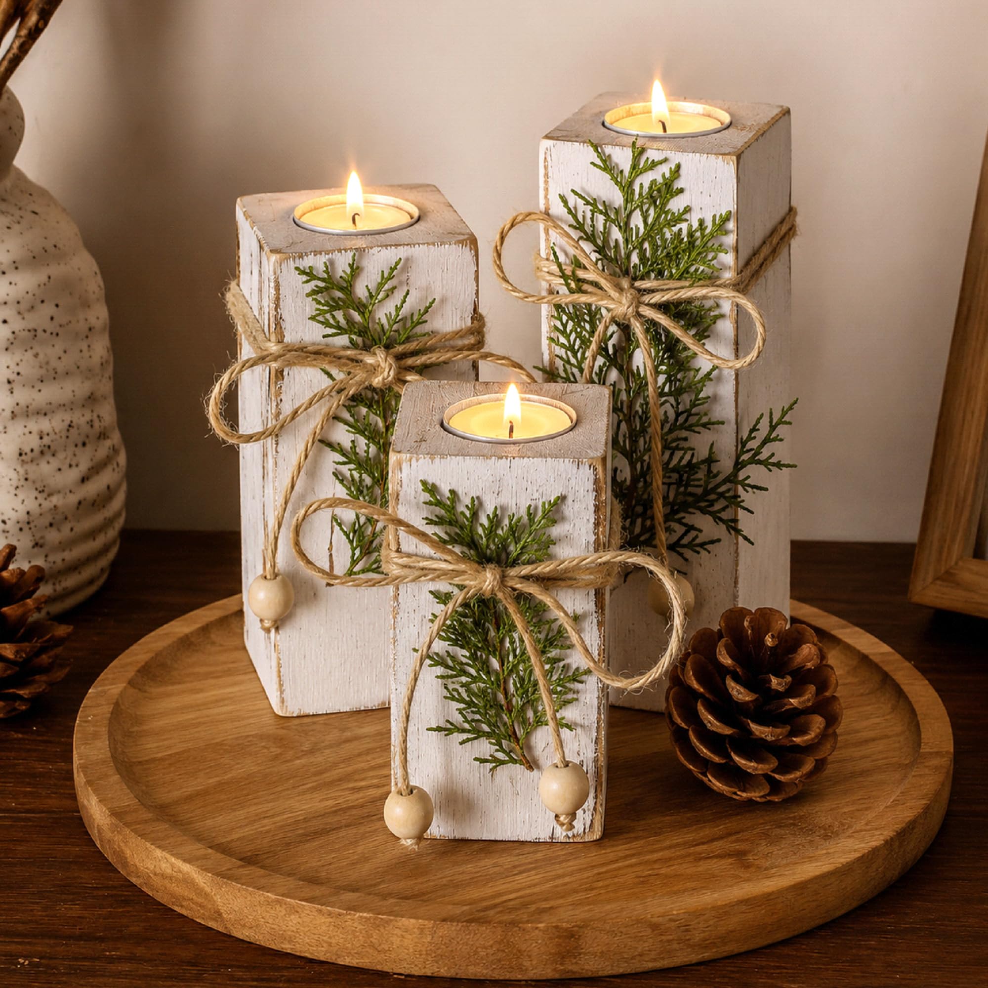 Set di portacandele in legno da tè con 3 pezzi – portacandele decorativi da tavolo stile rustico – decorazione in legno come regalo per le festività （blanc antique）