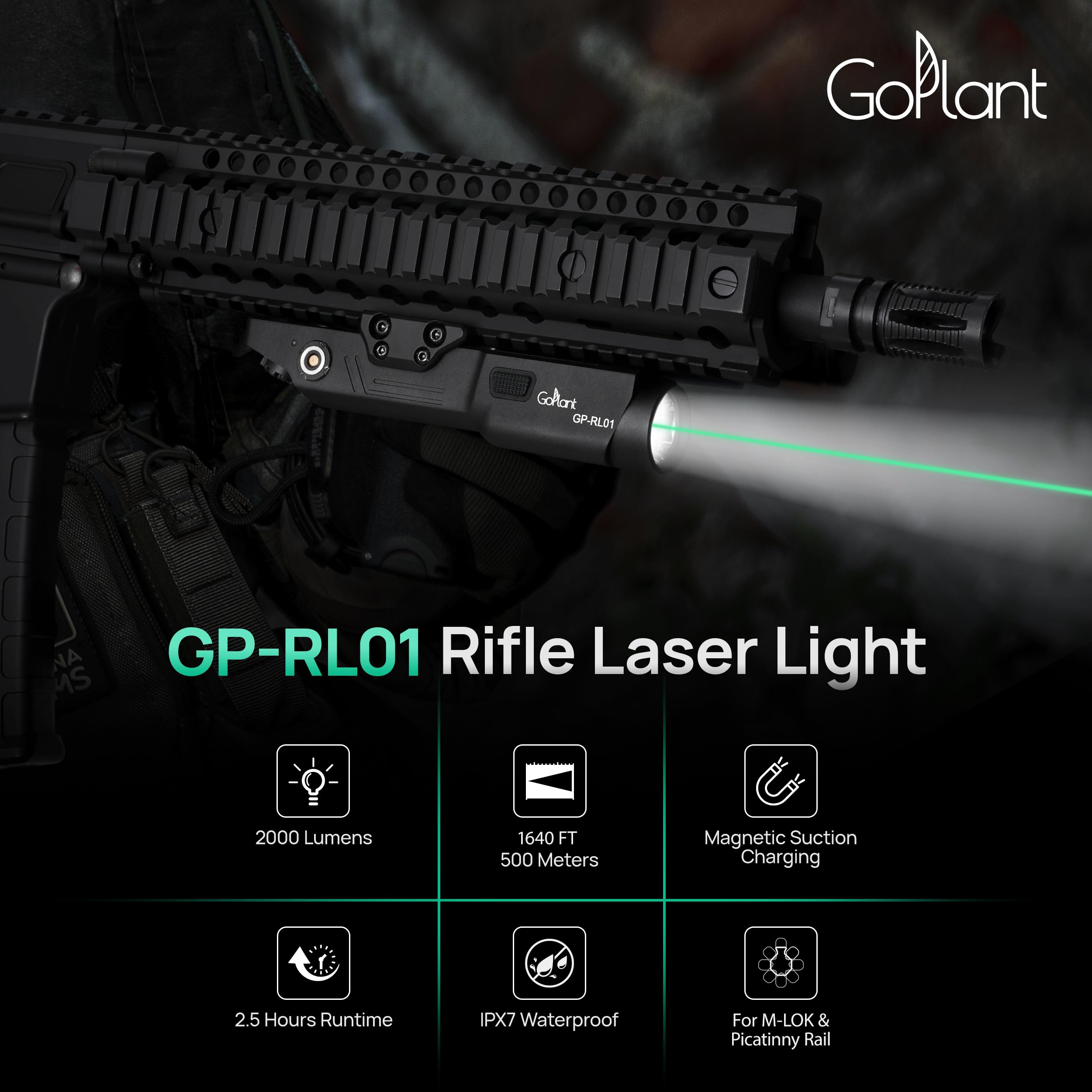 2000 Lumen Aluminum Alloy Rifle Laser Light Combo, 2.5 Hours Long Runtime AR15 Weapon Light and Green Laser, Picatinny Rail MLOK Mounted LED Tactical Flashlight, Low Profile Flashlight AR Rifle R15
