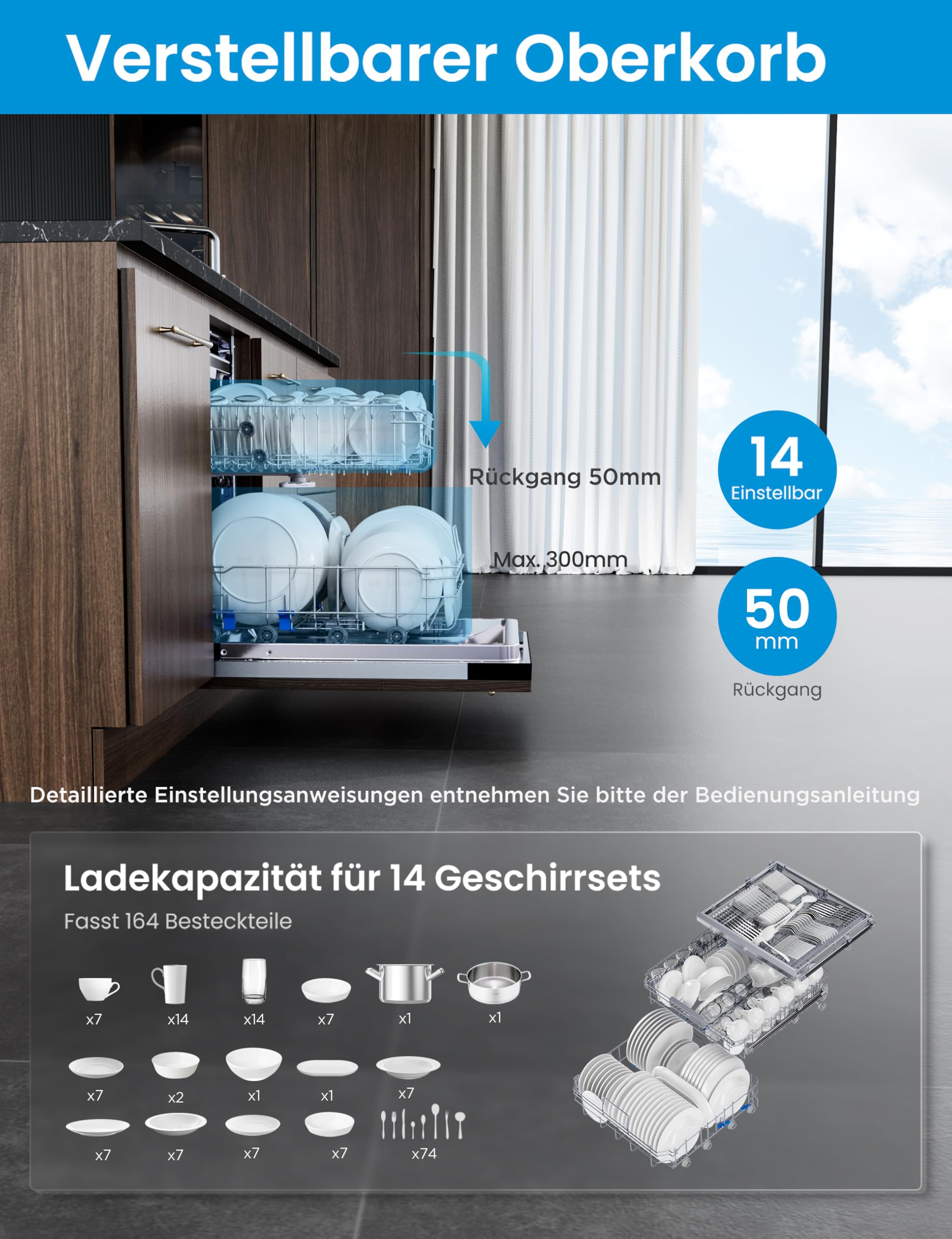 Midea SV 7.03M14B Lave-vaisselle entièrement intégré, 60 cm, 14 compartiments standards, tiroir à couverts, entretien hygiénique, avec WiFi, 7 programmes, 42 dB, Dualzone Wash, séchage supplémentaire