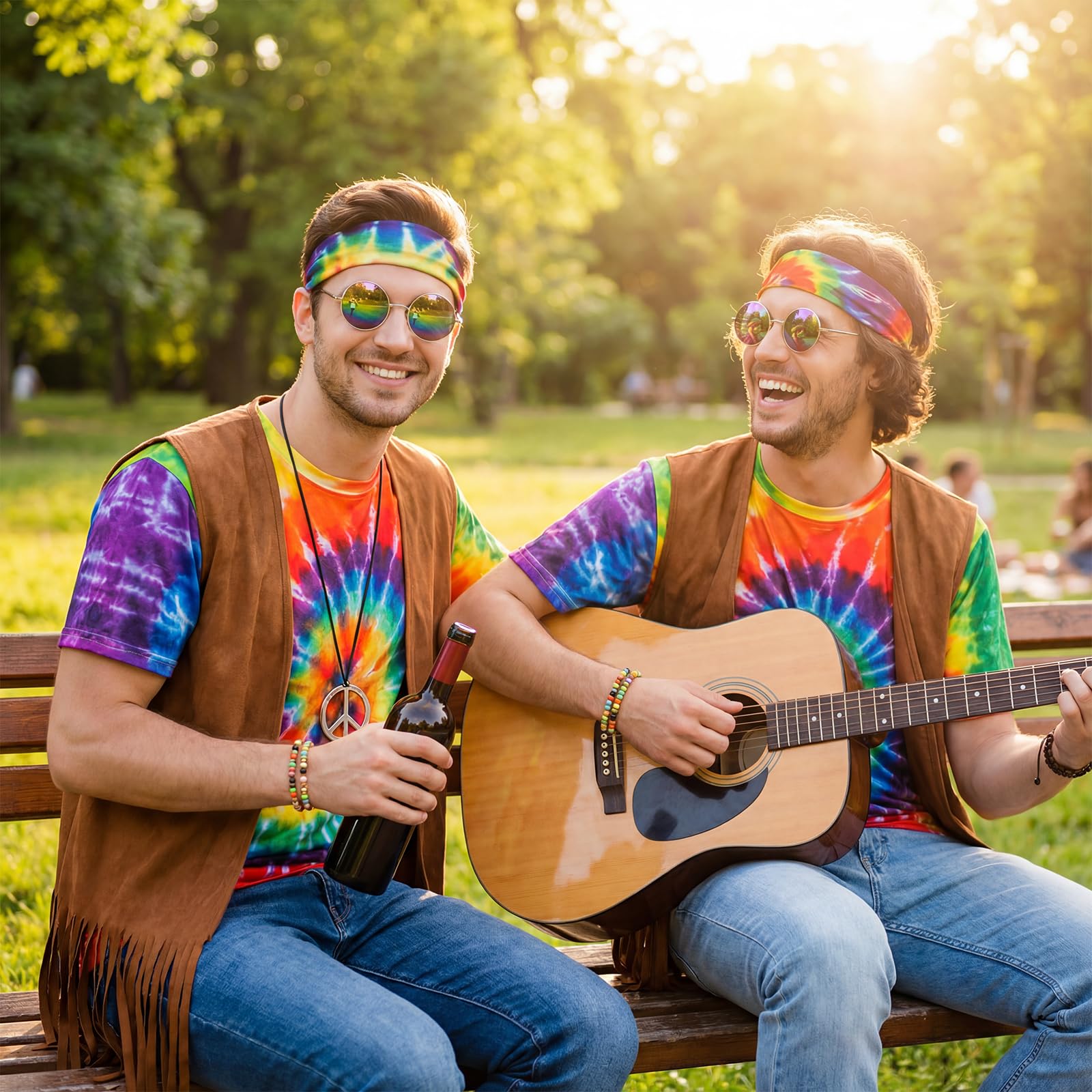Kitimi Hippie Kostüm Herren Damen Set, 60er 70er Jahre Outfit Herren, Retro Disco Hippie Kostüm Herren mit Fransenweste Farbiges T-Shirt und Hippie Accessoires für Cosplay Maskenbälle Karneval Kostüm