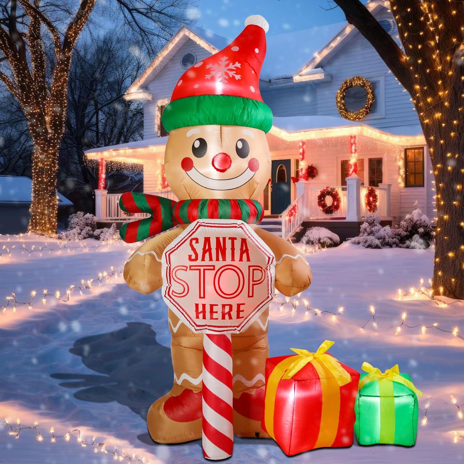 7.2 FT Height Christmas Inflatables Gingerbread Man with Santa Stop Sign and Gifts Outdoor Decorations, Blow up Gingerbread Man with Built-in LED Lights for Outdoor Holiday Christmas Decor