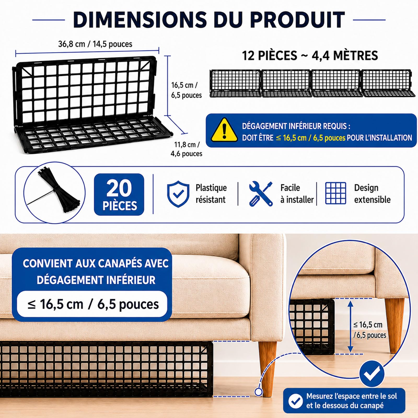 12 Pièces Bloqueurs de Jouets sous Canapé pour Animaux, Réglable Bloqueur sous Lit & Sofa, Barrière Plastique pour Interstice, Protection Meuble avec 20 Attaches
