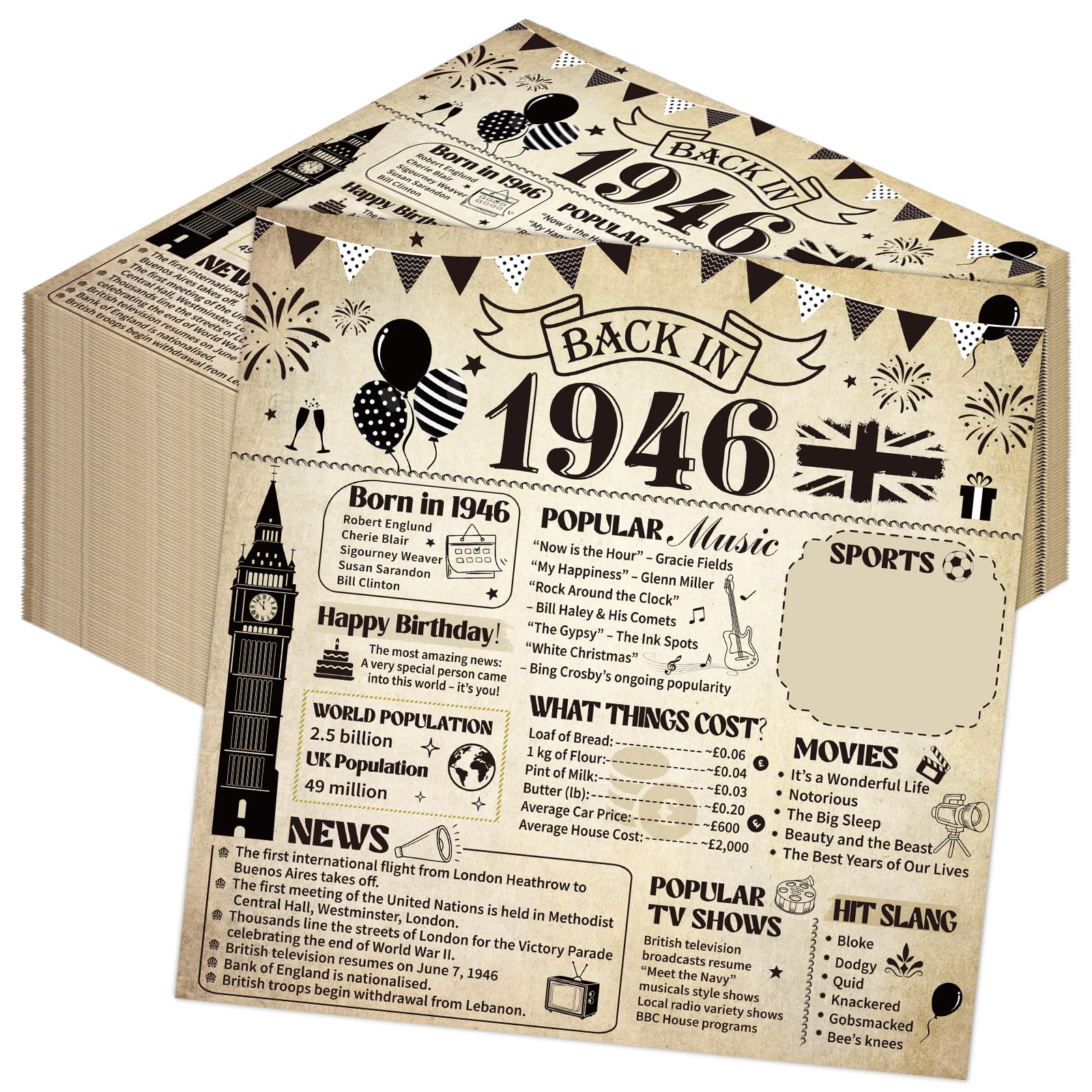 Eiapadeor 80th Birthday Paper Napkins - 50 Pcs 80th Birthday Cocktail Paper Napkins Back in 1946 Vintage Themed Disposable Tableware for Women Men Her 80 Year Old Party Supplies 6.3 x 6.3 inch Folded