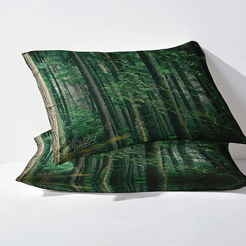 Miniatura 3 de Juego de sábanas de 4 piezas con patrón de bosque tamaño Queen, color verde árbol, sábanas y fundas de almohada Sábana bajera ajustable de