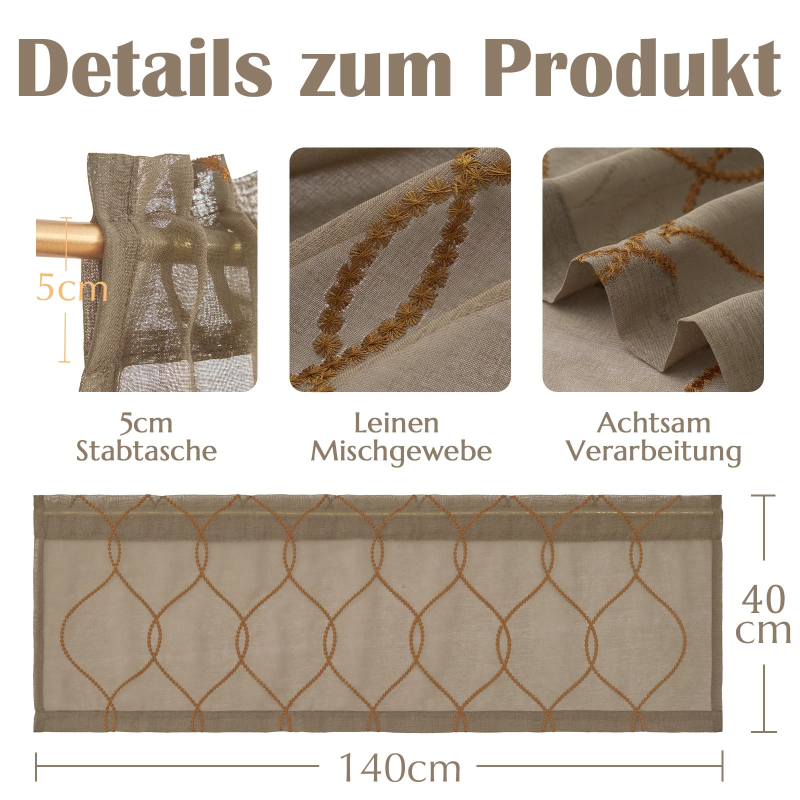 Vangao Vitrage Moderne keuken, grijs, linnenlook met stangdoorgang, bistrogordijn, set van 1, 105 x 135 cm (b x h), keukengordijnen, balkondeur, landhuis, caravan, gordijnen, kort, halftransparant
