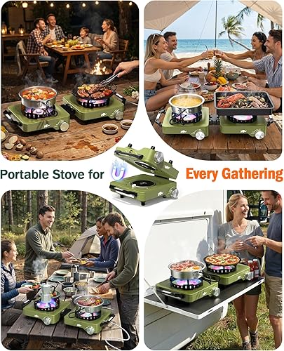 Miniatura 9 de Estufa de campamento con 2 quemadores de propano, 30,000 BTU plegable con rejillas resistentes al viento y sartén, estufas de campamento portátiles