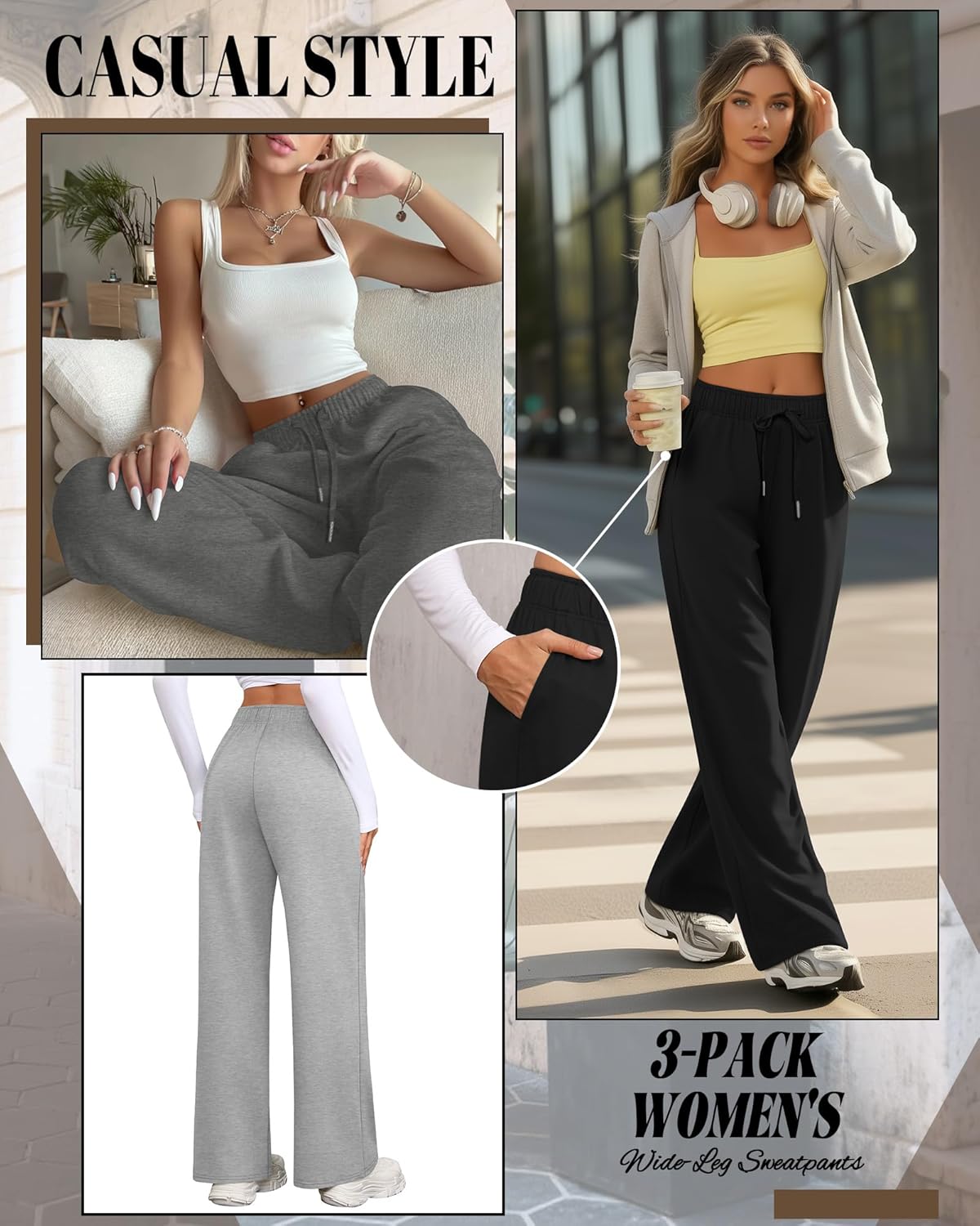 Riyiper 3 Pack Women Wide Leg Sweatpants Drawstring Straight Pants Elastic Waist Joggers Open Bottom Sweatpants with Pockets - Image 4