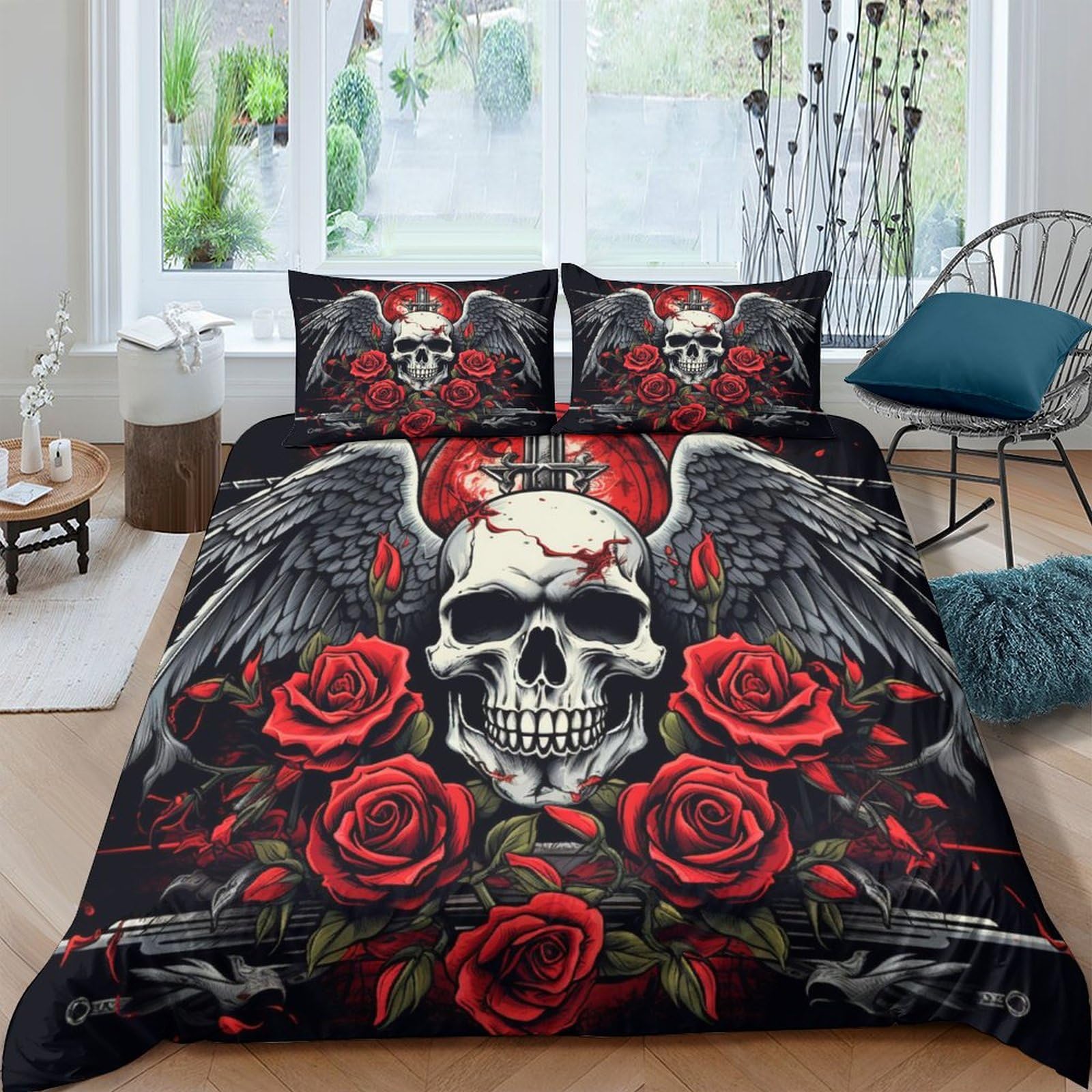 Funda nórdica de calavera rosa 3D cama double 200x200 juego de 3 piezas con fundas de almohada
