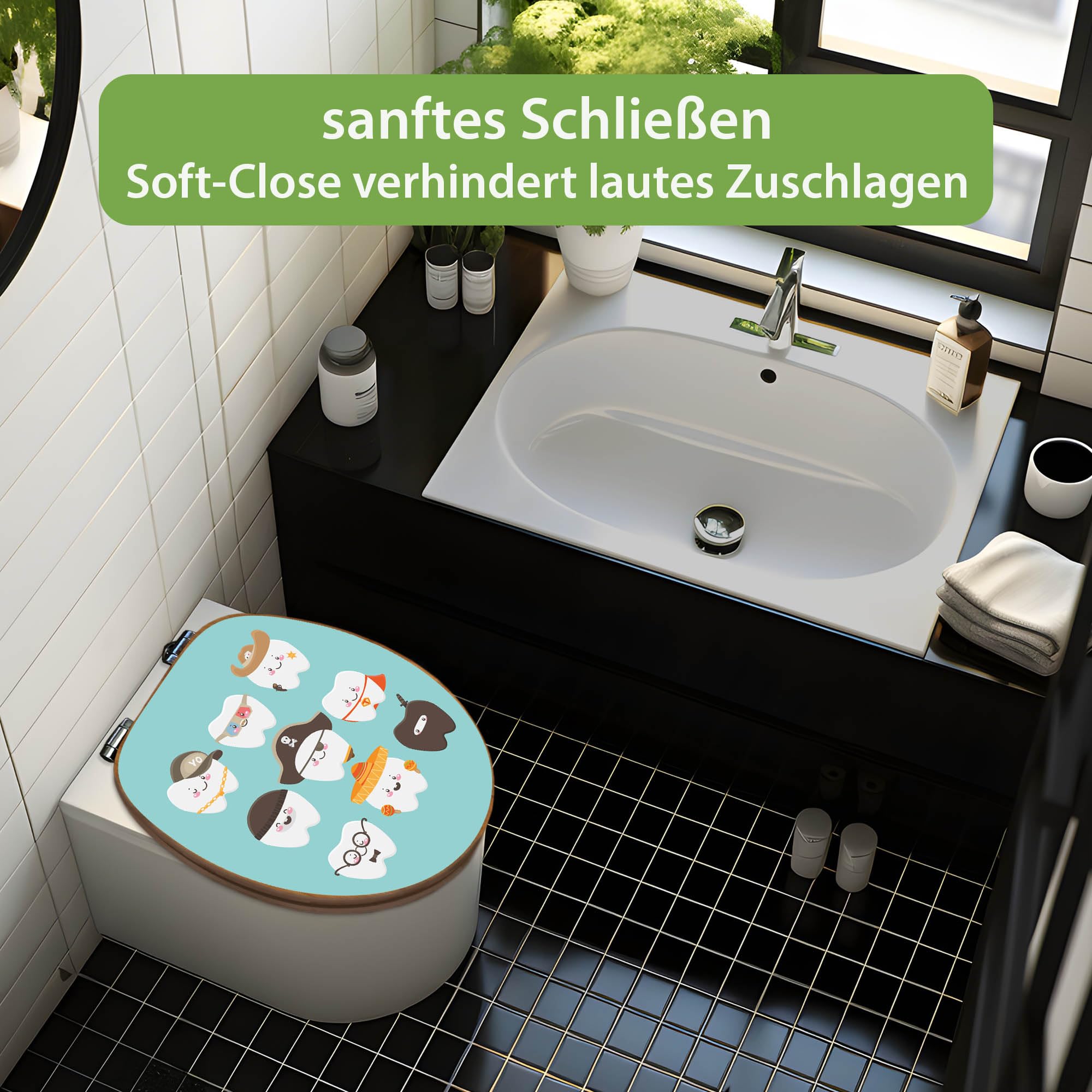 banjado Design WC Sitz Bambus Absenkautomatik 45,8x37,5cm - Toilettendeckel mit Absenkautomatik Holz - hochwertiger Bambus Klodeckel - WC-Sitz für gängigen Toiletten - Motiv Neun Zähne