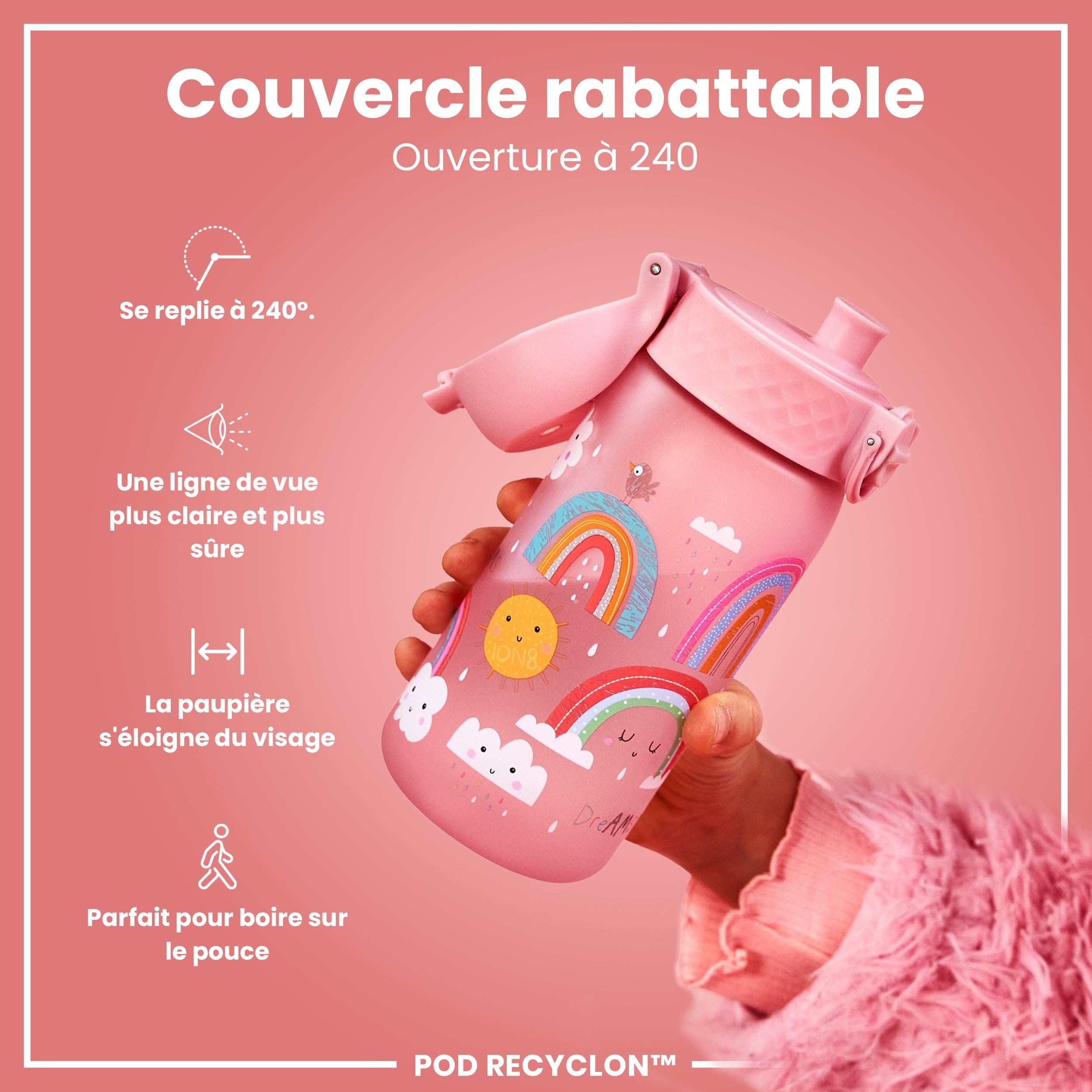 ION8 Gourde Enfant, 350ml, Anti-Fuite, Facile à Ouvrir, Verrouillage Sécurisé, Lavable en Lave-Vaisselle, Sans BPA, Poignée de Transport, Facile à Nettoyer, Carbone Neutre, Arcs-En-Ciel