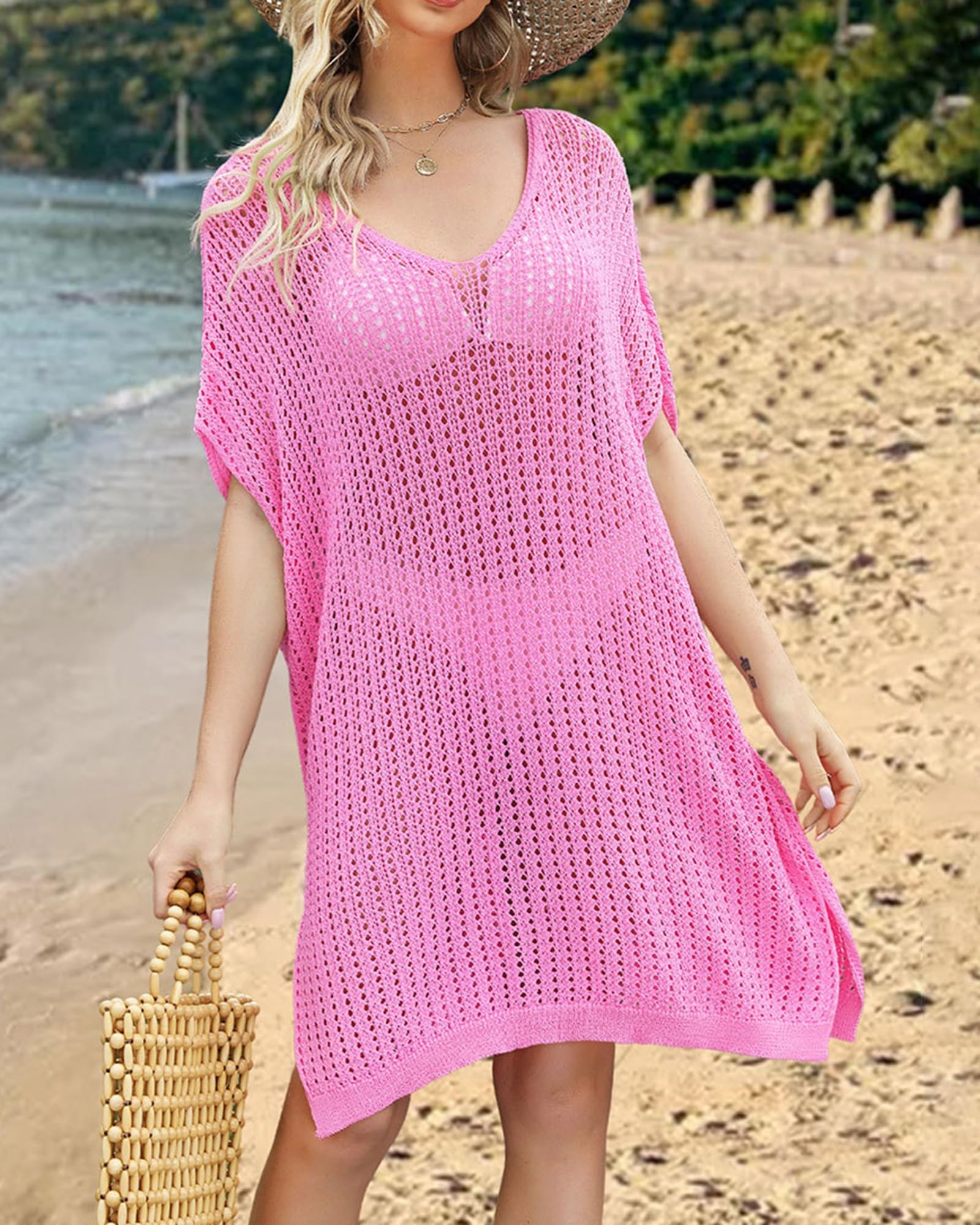 Vestito Coprente da Spiaggia Donna Sexy A Scollo A V in Crochet Bikini Maglia Larga da Piscina