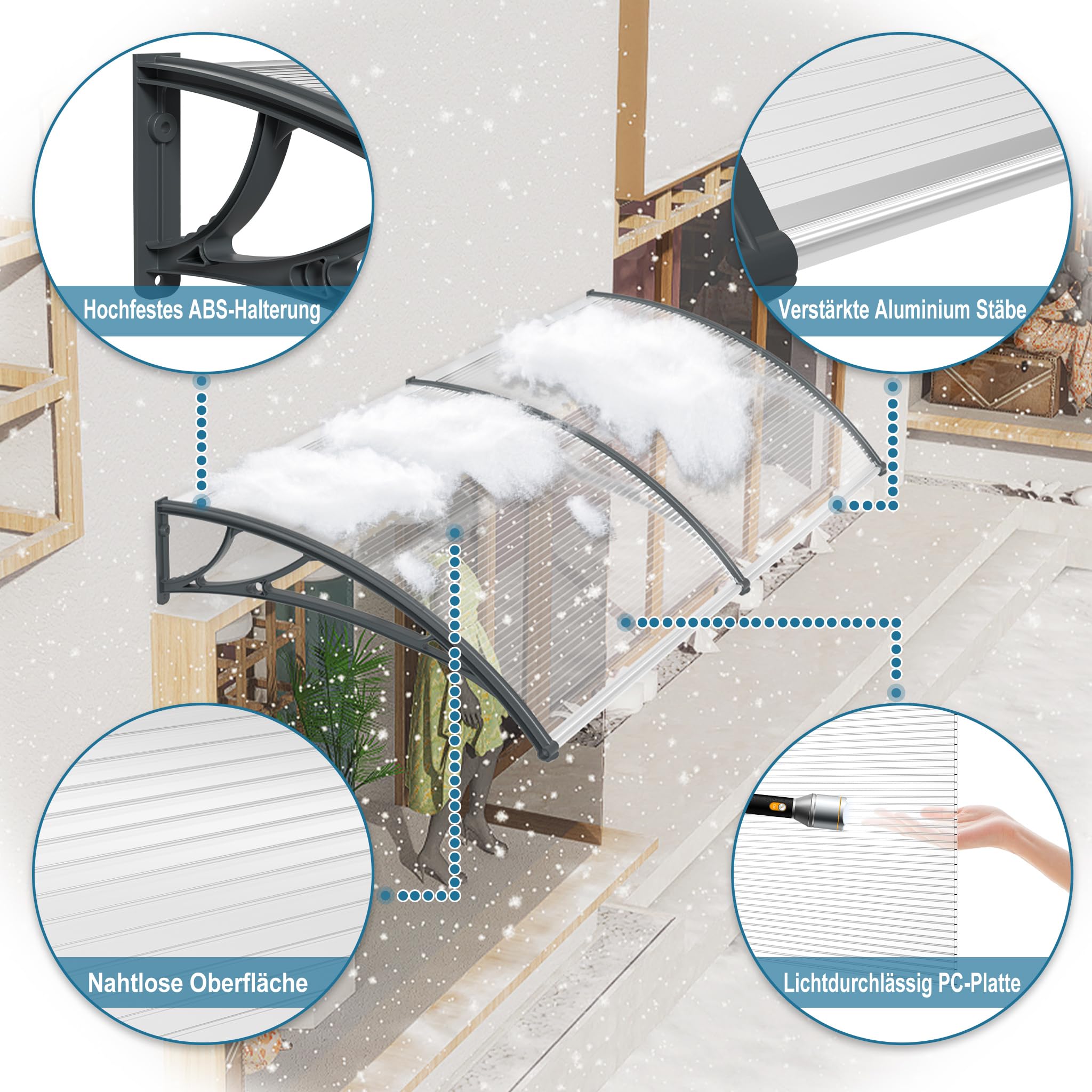Froadp 100x150cm Marquesina para Puerta, Toldos de Policarbonato, Semitransparente Tejadillo Exteriores de Protección para contra la Lluvia Nieve y los Rayos UV, Toldos para Ventanas de Patio(Gris)