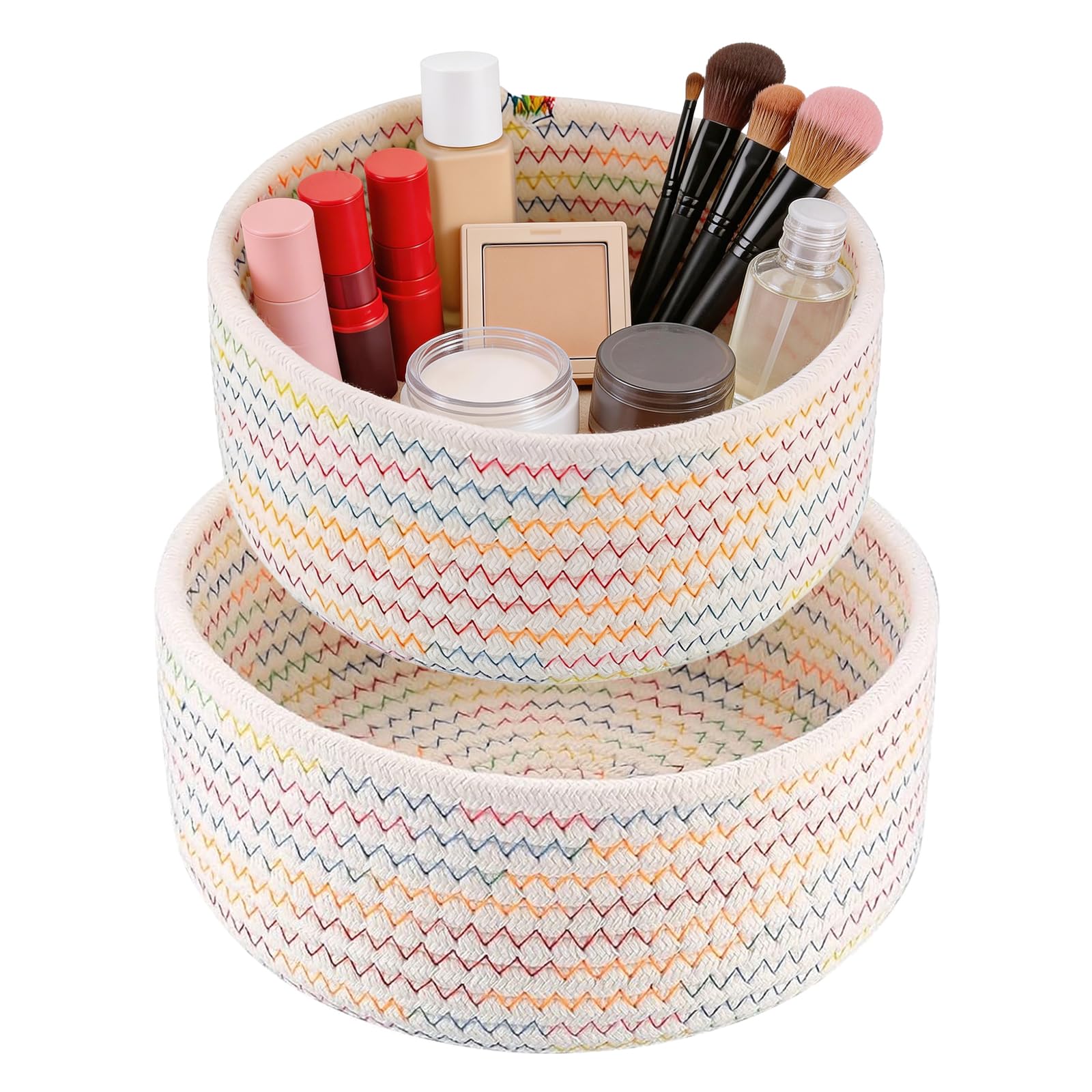 M.J COMFY-LIFE Cotton Rope Storage Baskets 2 Pack, Woven Toy Storage Organizer Bins, Large & Small Storage Baskets Set for Cosmetics , Books, Toys, stationery, Living Room, Closet Organization