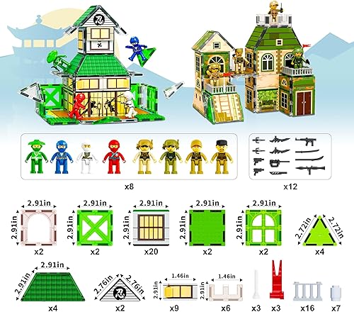 Miniatura 7 de PicassoTiles Bloque de construcción de azulejos magnéticos, diseño de ninja y tropa, impresiones de doble cara 2 en 1 con 8 figuras de personajes,