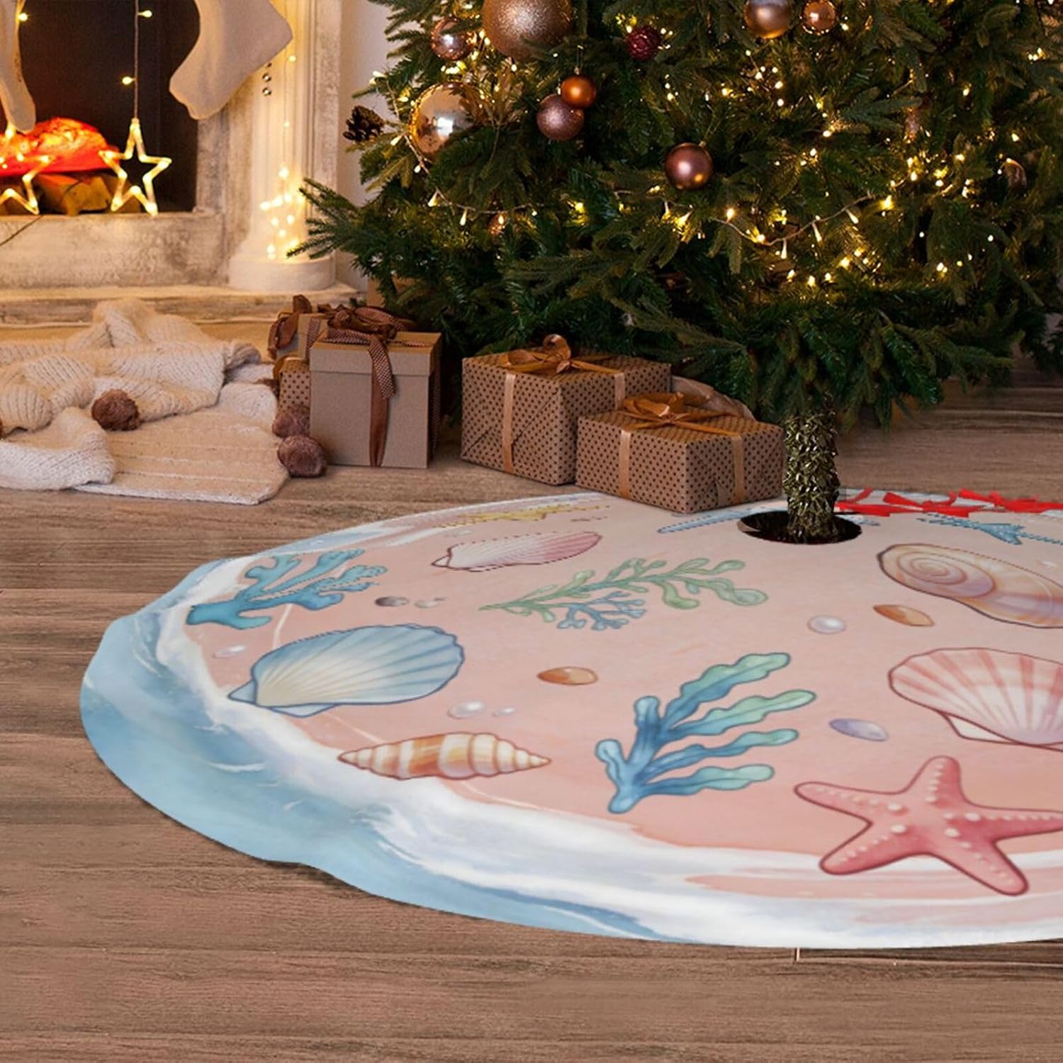 Summer Beach Shell Starfish Tree Skirt 30" Tree Mat for Christmas Tree Topper Holiday Party Yard Decorations Indoor Outdoor Ornaments 30"
